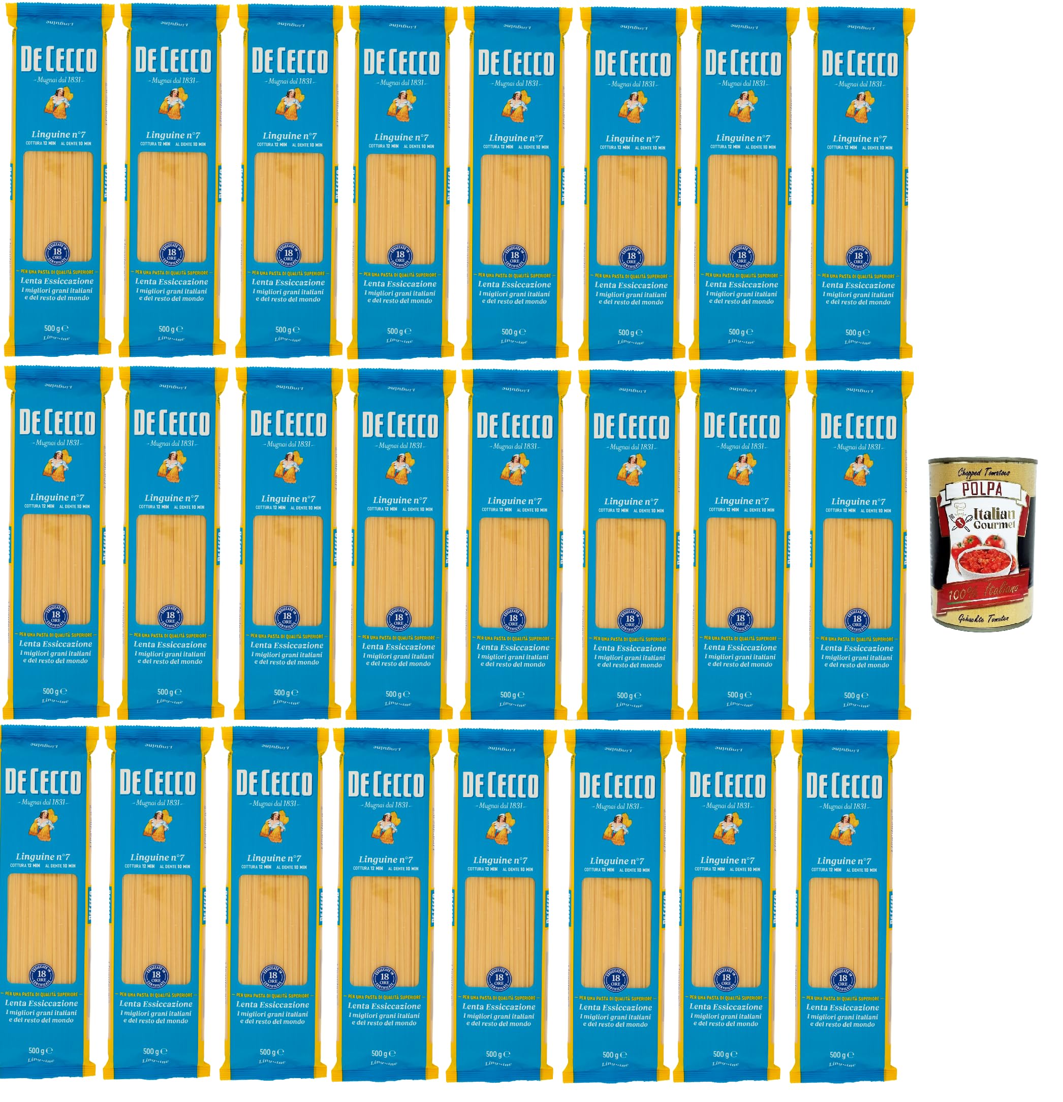 De Cecco Linguine n°7, pasta de trigo duro 24 x 500 g – trefilado de bronce, secado lento ~18 h, textura rugosa – cocción 12 min (al dente 10 min) – Fabricado en Italia + Italian Gourmet Polpa 400 g