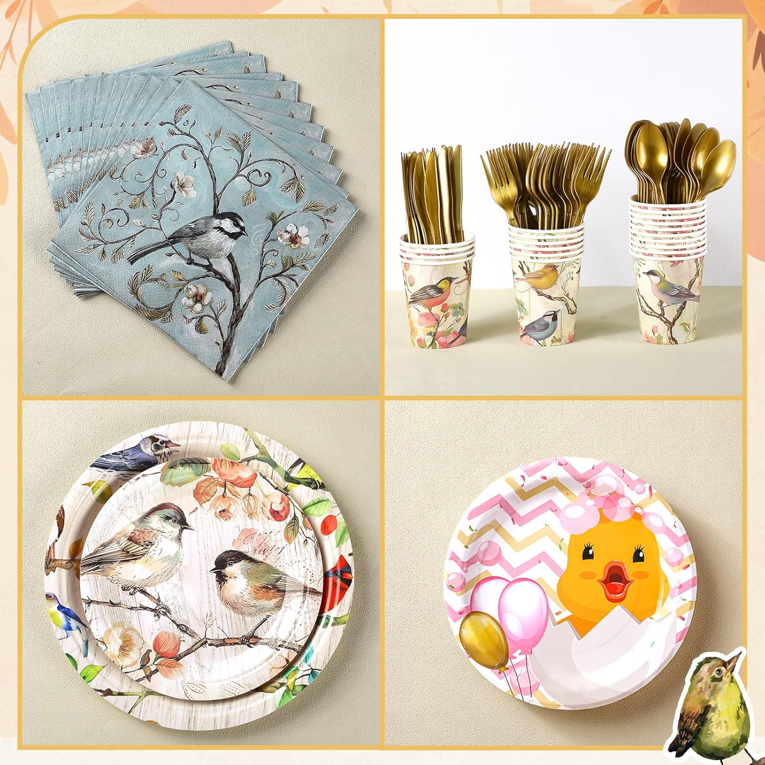 194 Pcs Fox Duck Bird Theme Birthday Party Supplies Woodland Animal Face Paper Dessert Plates Knives Forks Spoons Cups Napkins for Kids Girl Boy Baby Shower Tableware Set Serves 24 (Bird)