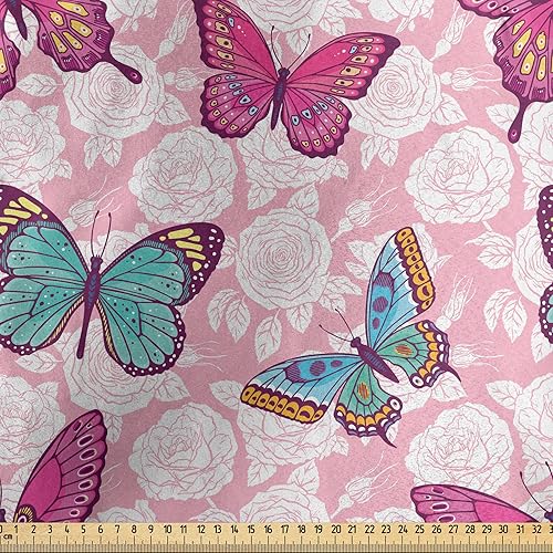 Miniatura 2 de Ambesonne Spring Fabric by The Yard, Butterfly on Blooming Romantic Flowers Pale Pink Background Hand Drawn Illustration, Decorative Satin Fabric