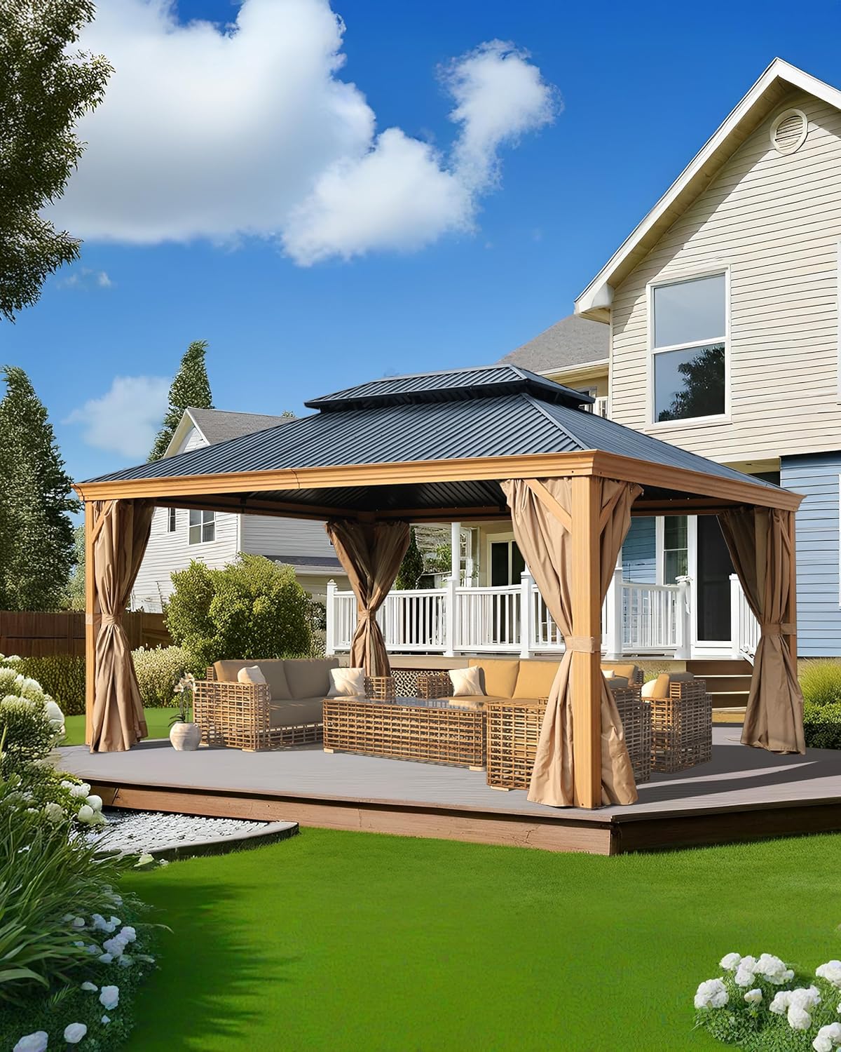 BPS 12' X 16' Hardtop Gazebo Outdoor Aluminum Wooden Grain Coated with Netting Curtain for Patio, Garden, Yard and Party