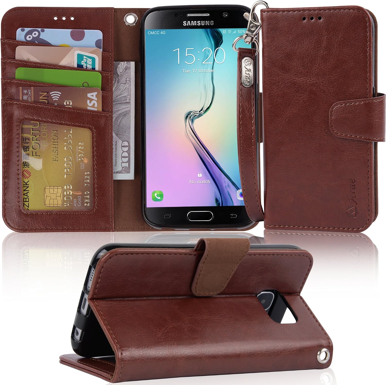 Galaxy S6 Case, Arae Samsung Galaxy S6 Wallet case,[Wrist Strap] Flip Folio [Kickstand Feature] PU Leather Wallet case with ID&Credit Card Pockets for Samsung Galaxy S6 (Brown)
