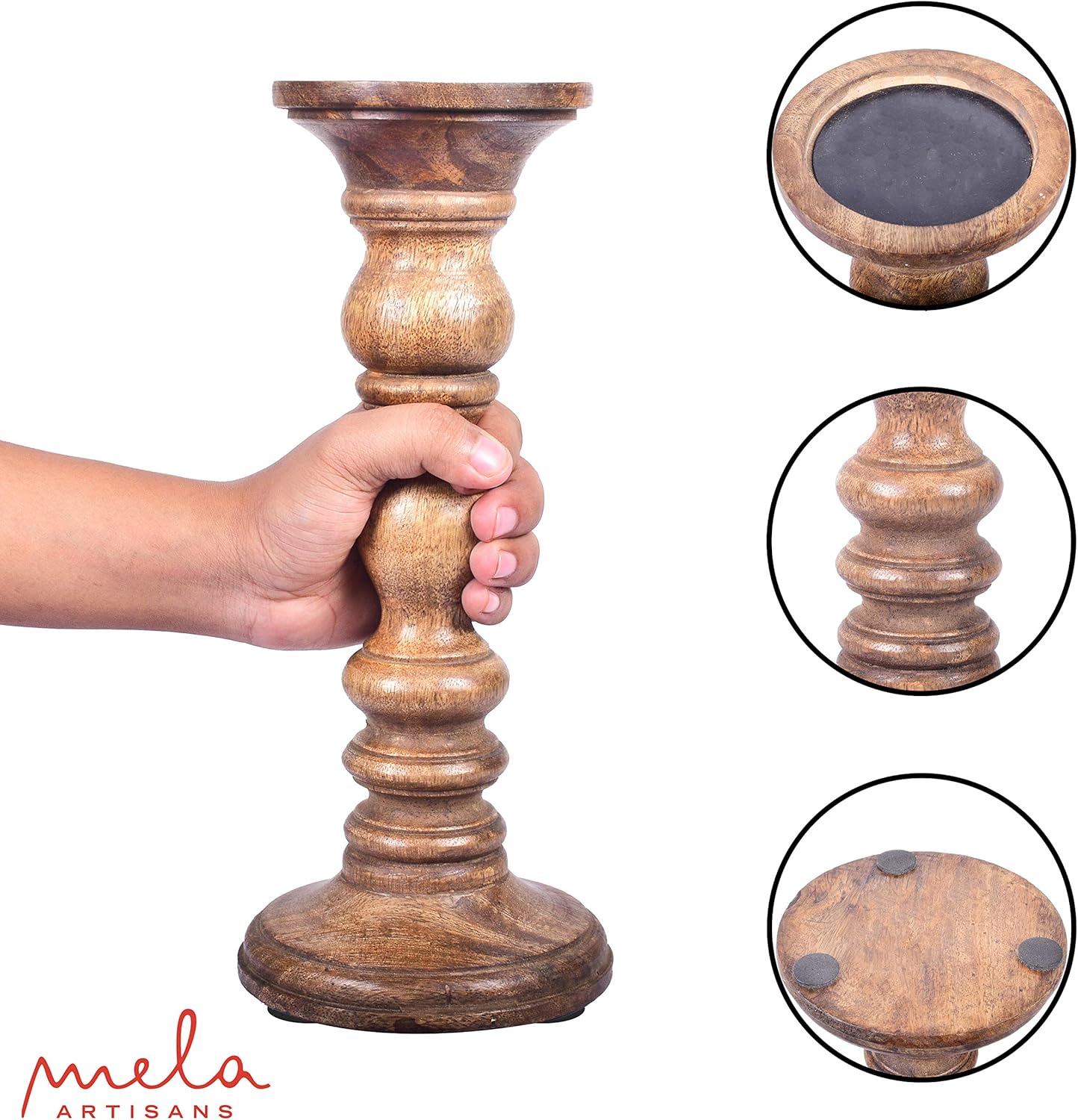 Rustic Wood Candle Holders, Set of 3 – Hand Carved Decorative Candle Holders for Living Room, Table Centerpiece, ATOP a Mantle – Natural Mango Wood Candle Holders Medium Polish Finish - 6", 9", 12" : Home & Kitchen