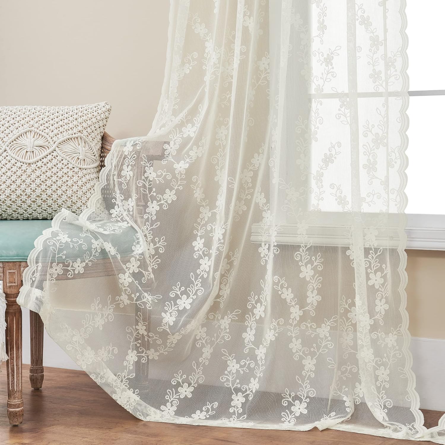 FOLKSIDE Ivory Lace Curtains 63 Inch Length 2 Panels Set French Floral Sheer