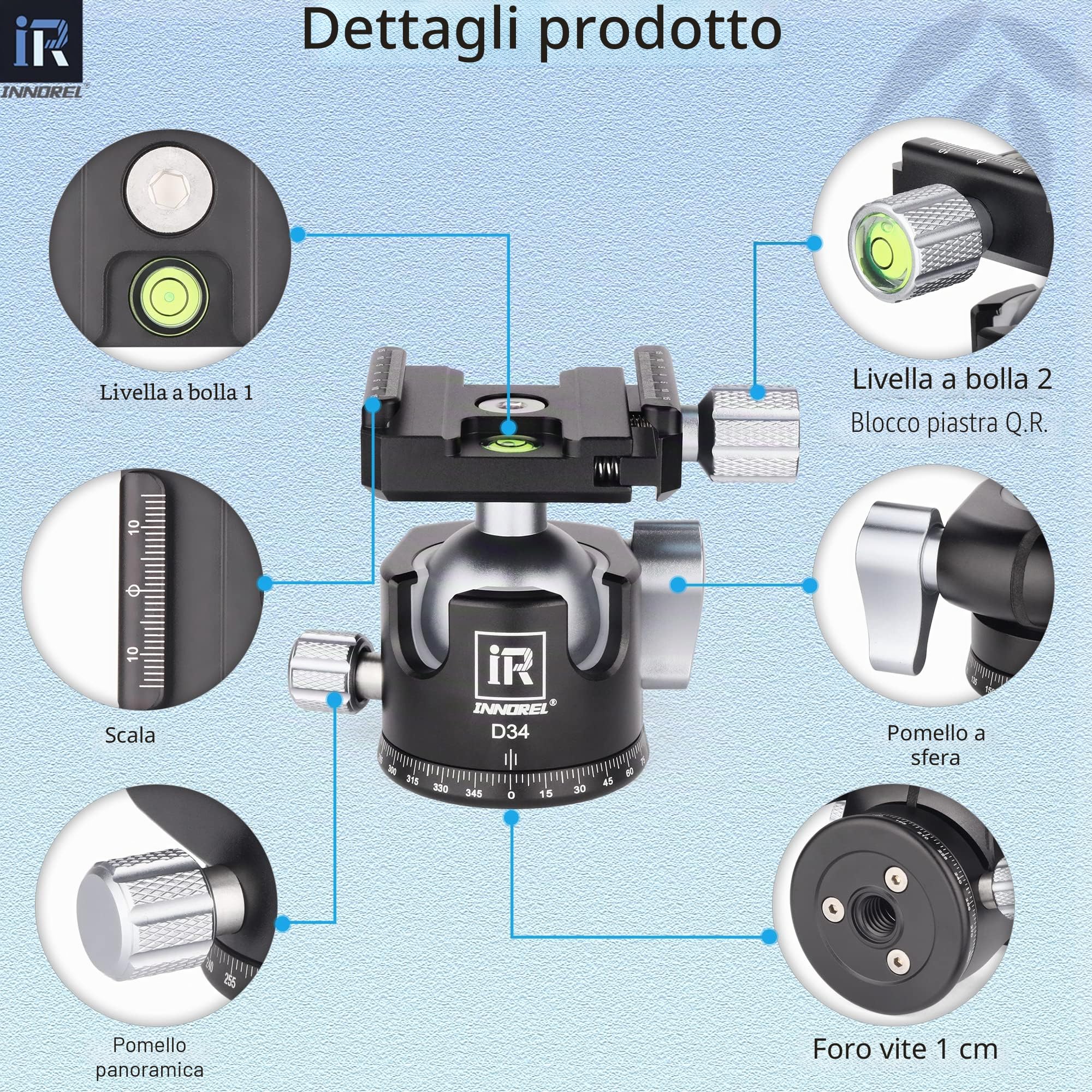 Testa a sfera per treppiede-INNOREL D34 Testa professionale per fotocamera panoramica a 360° per fotocamere DSLR, videocamere, DV con piastra a sgancio rapido da 1/4" Arca Swiss Carico 15 kg