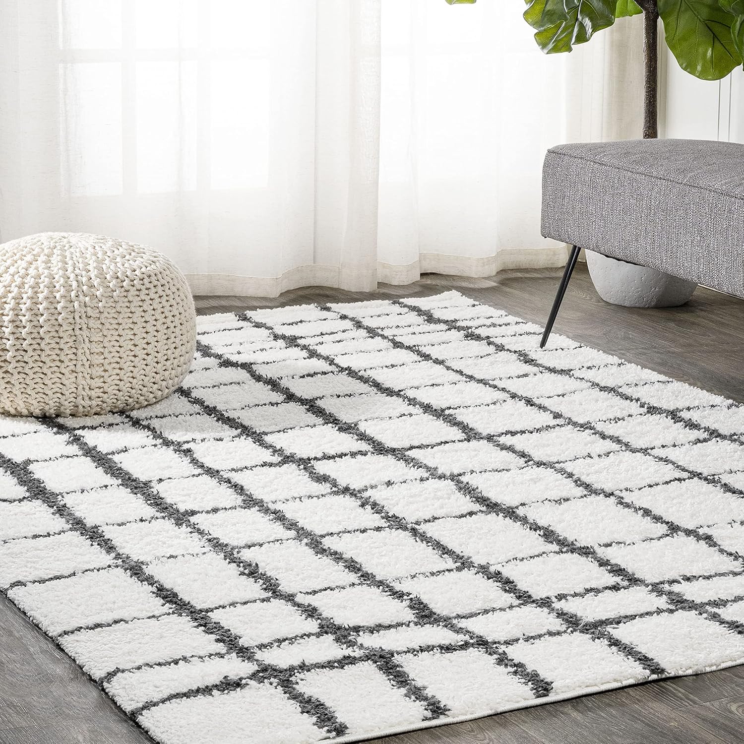 4' x 6' Black and White Geometric Shag Area Rug
