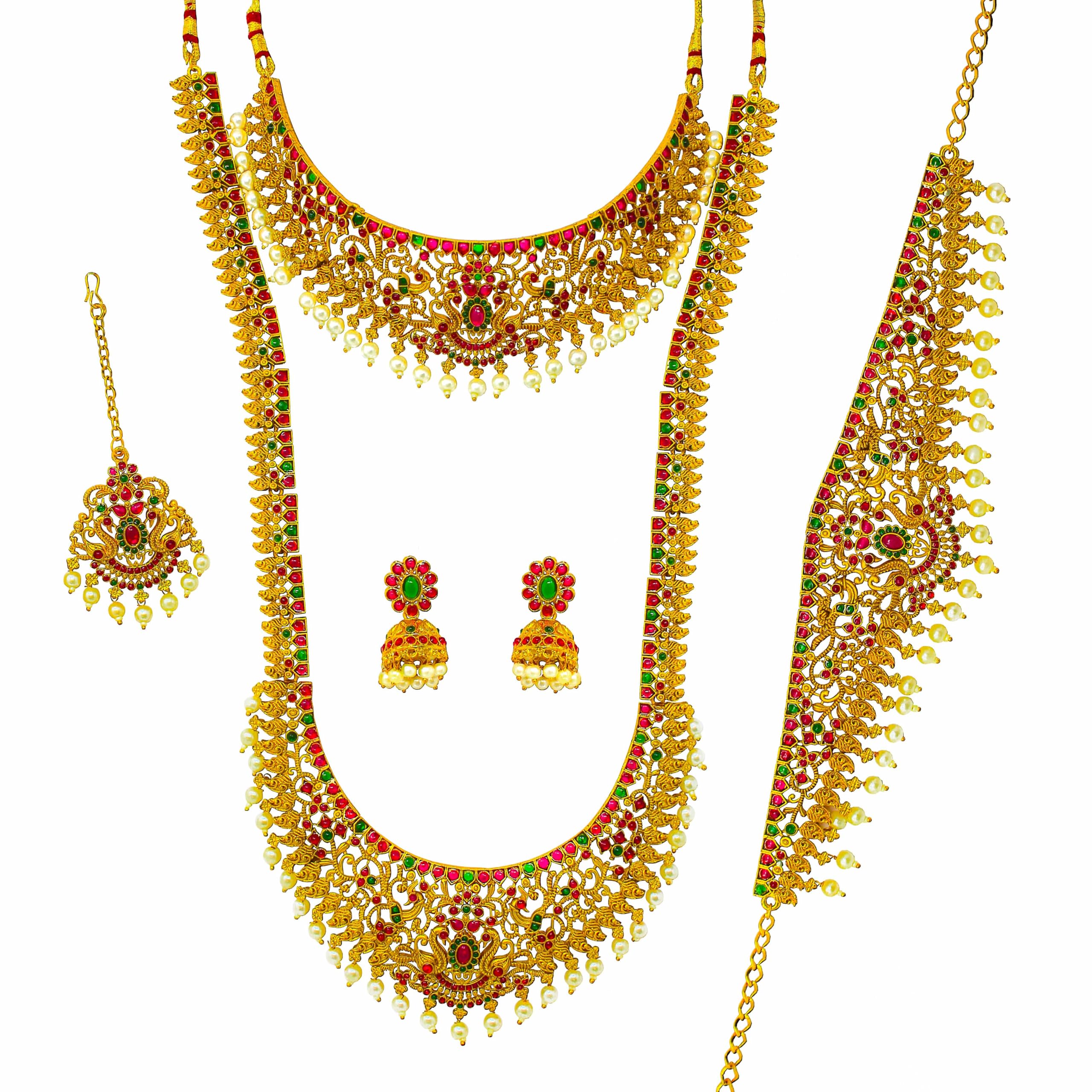 Women Gold-Plated Bridal Jewelry Set | Traditional Peacock Design Necklace, Earrings, Maang Tikka & Vaddanam 10004-image-18