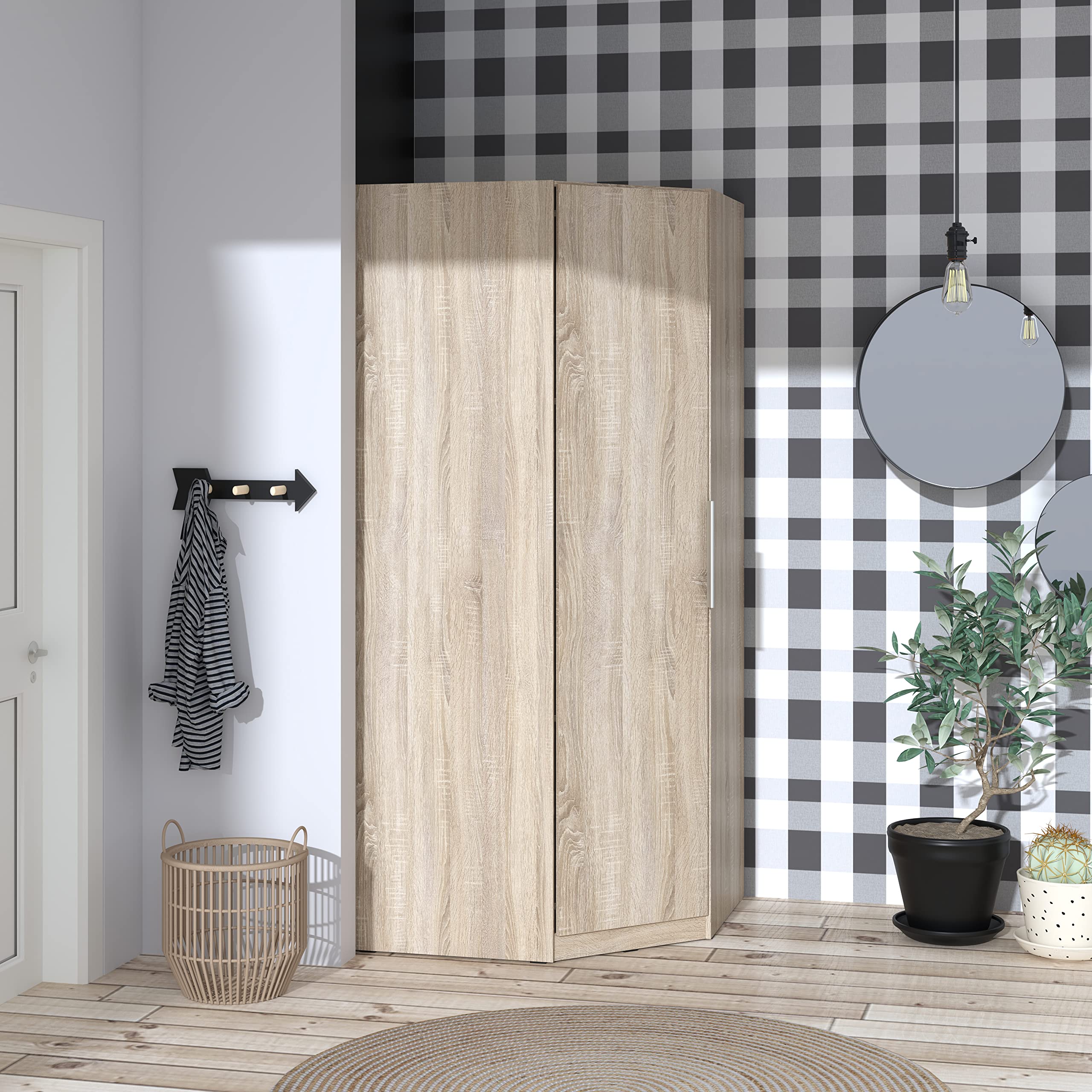 FORTE CADIXO Eckschrank 95, Eckkleiderschrank Skandinavisch Drehtürenschrank, 1-türig mit Einlegeböden und Kleiderstange, Holzdekor: Sonoma Eiche, 94 cm breit x 213 cm hoch x 94 cm tief