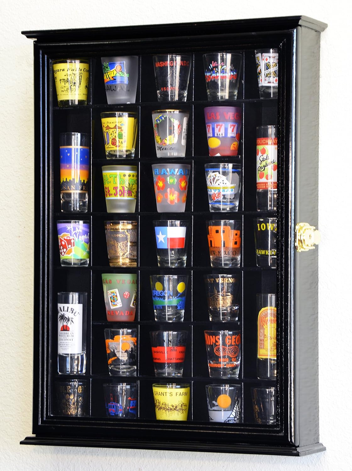 sfDisplay.com,LLC. 31 Shot Glass Shotglass Shooter Display Case Holder Cabinet Wall Rack -Oak