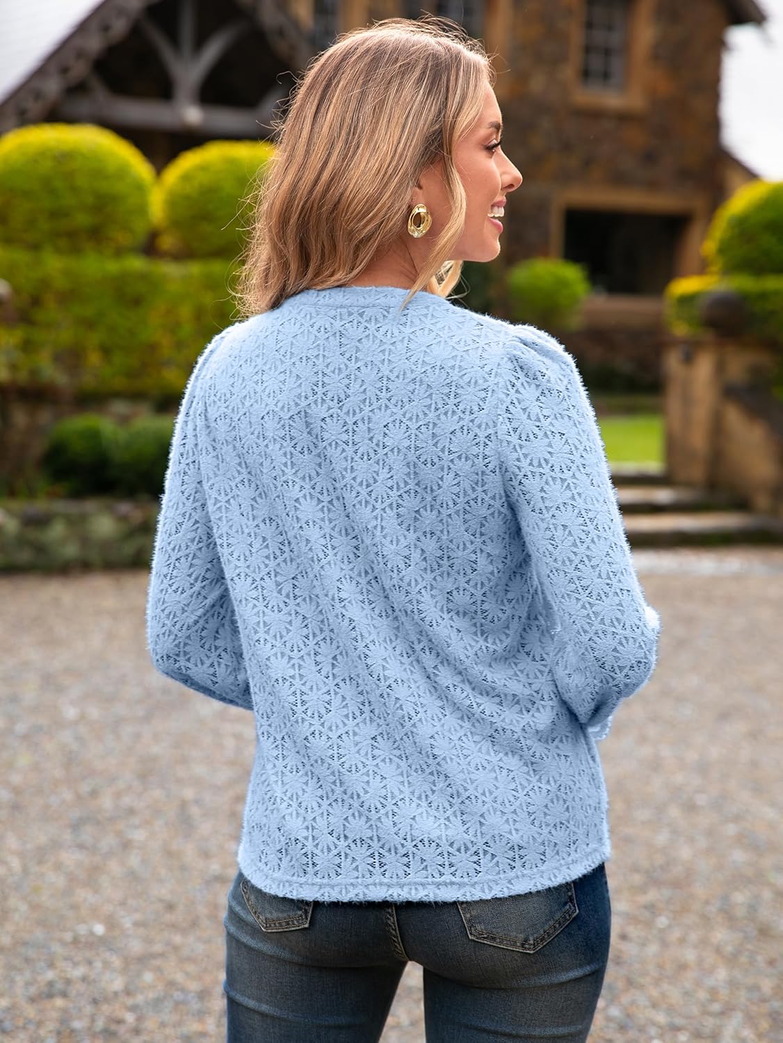 Simplee Womens Eyelet Dressy Blouses Tops Lace Casual Long Sleeve Hollow Out V Neck Fall Spring Boho Shirts - Image 6