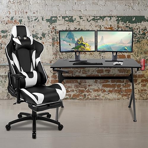 Miniatura 79 de Flash Furniture Juego de escritorio para juegos negro y silla de carreras blanco/negro con soporte para tazas, gancho para auriculares y soporte