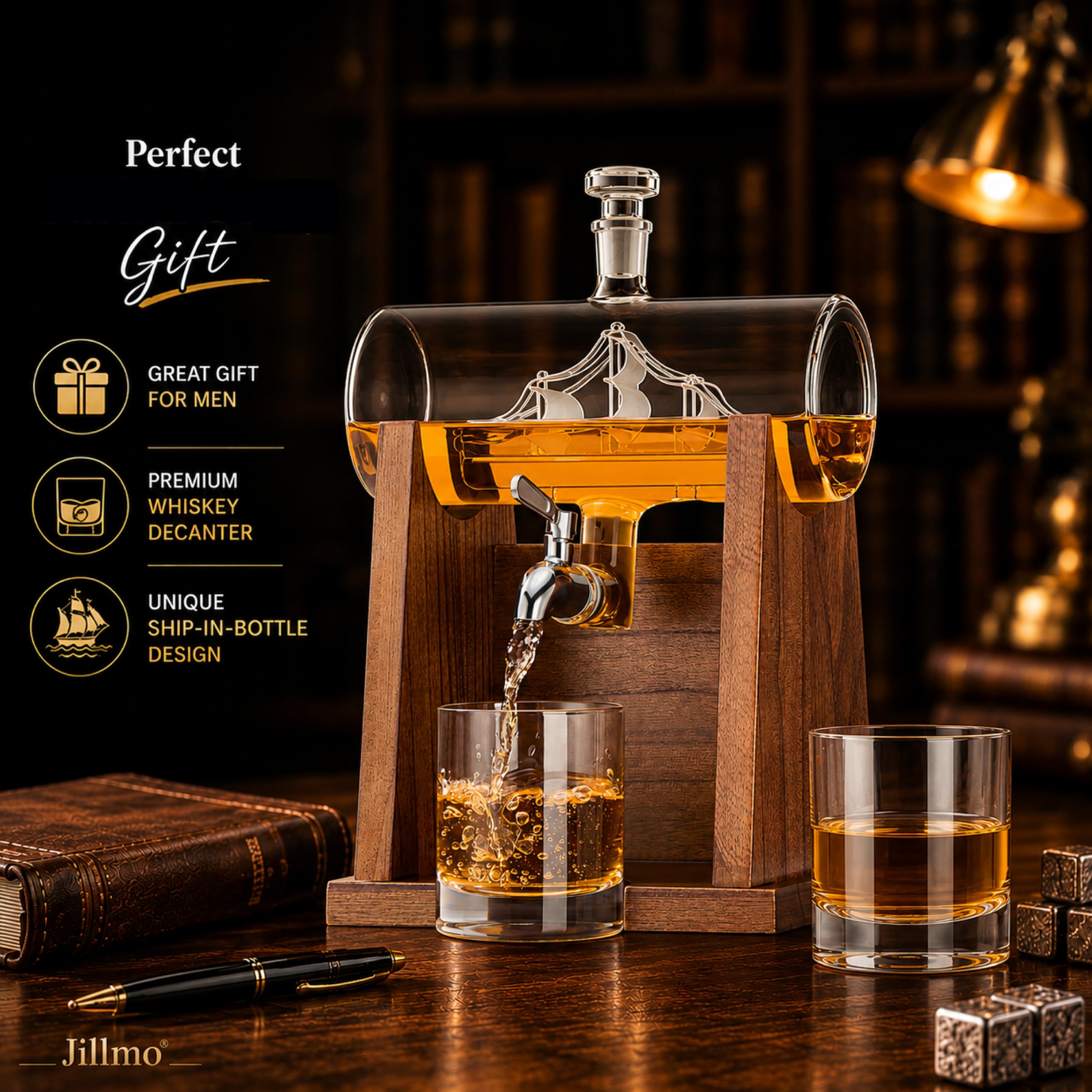 Jillmo Zestaw karafki do whisky, karafka do whisky 1250 ml z 2 szklankami do whisky