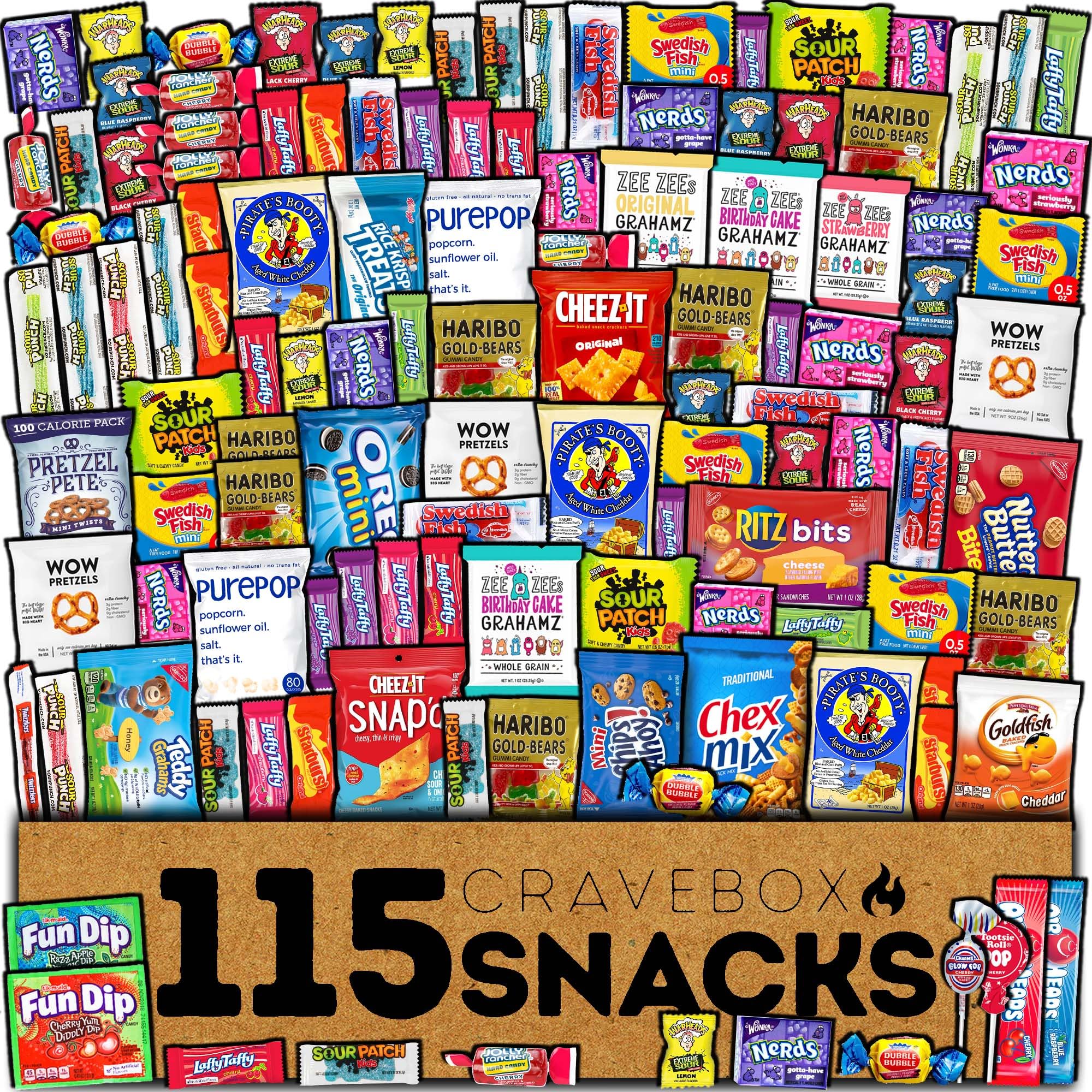 CRAVEBOX Snack and Candy Box (115 Count) Father's Day Care Package Bundle Assortment Gift Basket Adults Kids Variety Pack Boyfriend Birthday Office