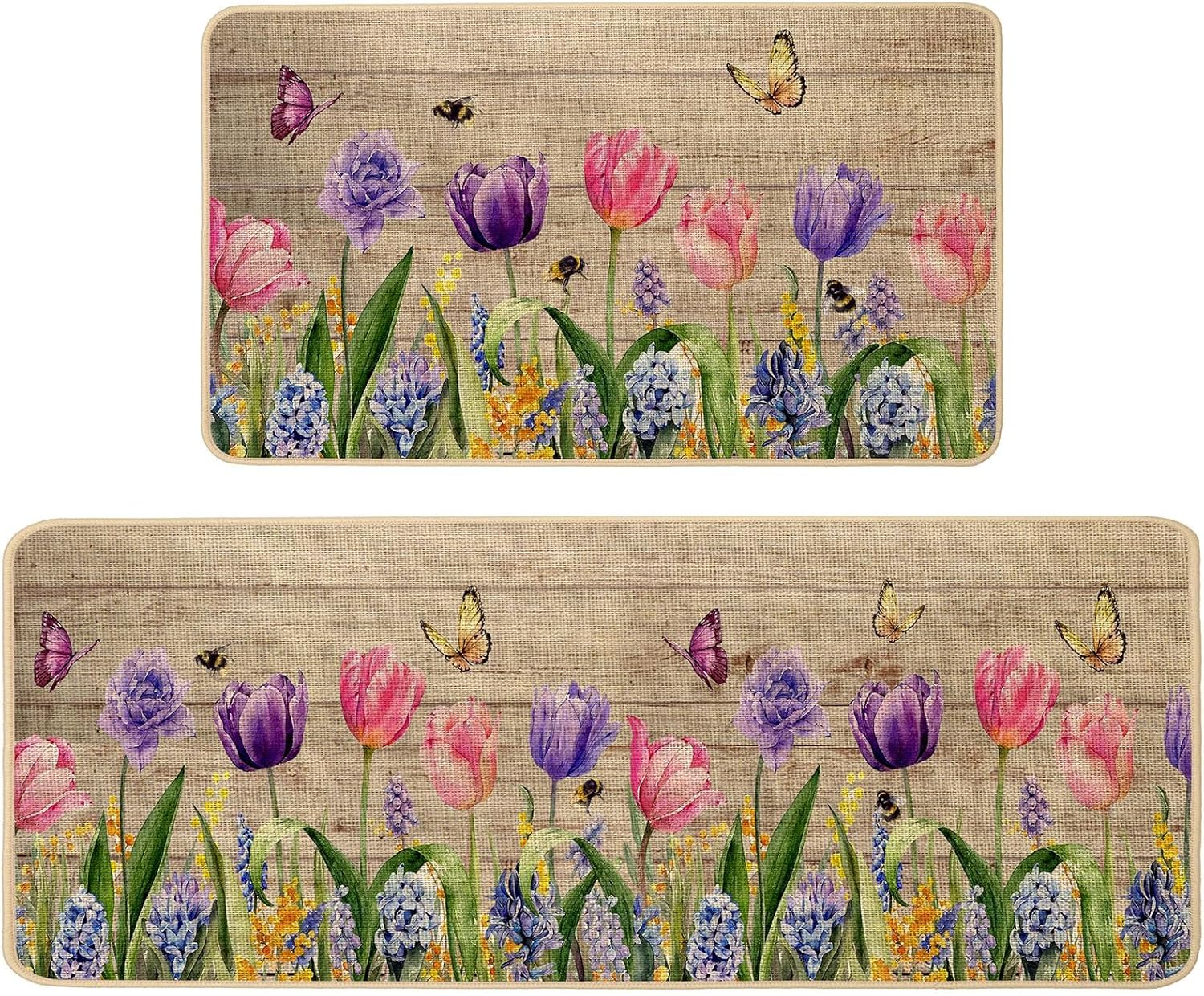 Baccessor Spring Kitchen Mats Set of 2, Wood Tulip Butterfly Floral Kitchen Rugs for Floor Hallway Laundry Sink Non Slip Low-Profile Seasonal Home Decor 17x29 and 17x47 Inch