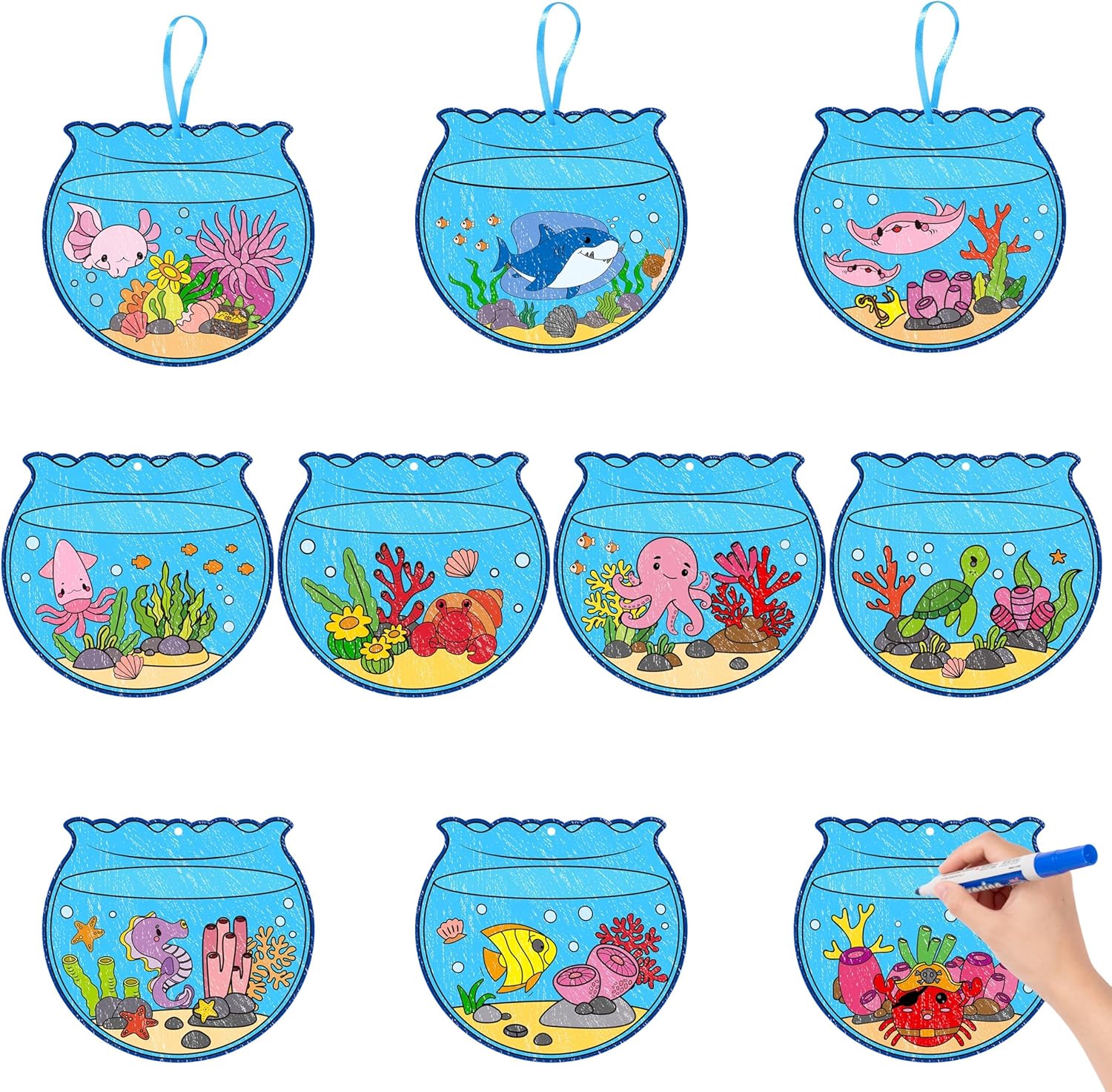 ANGOLIO Summer Coloring Ornament Crafts Kits - 83 Summer Fishbowl Color Your Own Painting Hanging Ornaments, DIY Ocean Animals Paper Party Game Birthday Gift Cards, DIY Paper Craft Rewards Party Favor