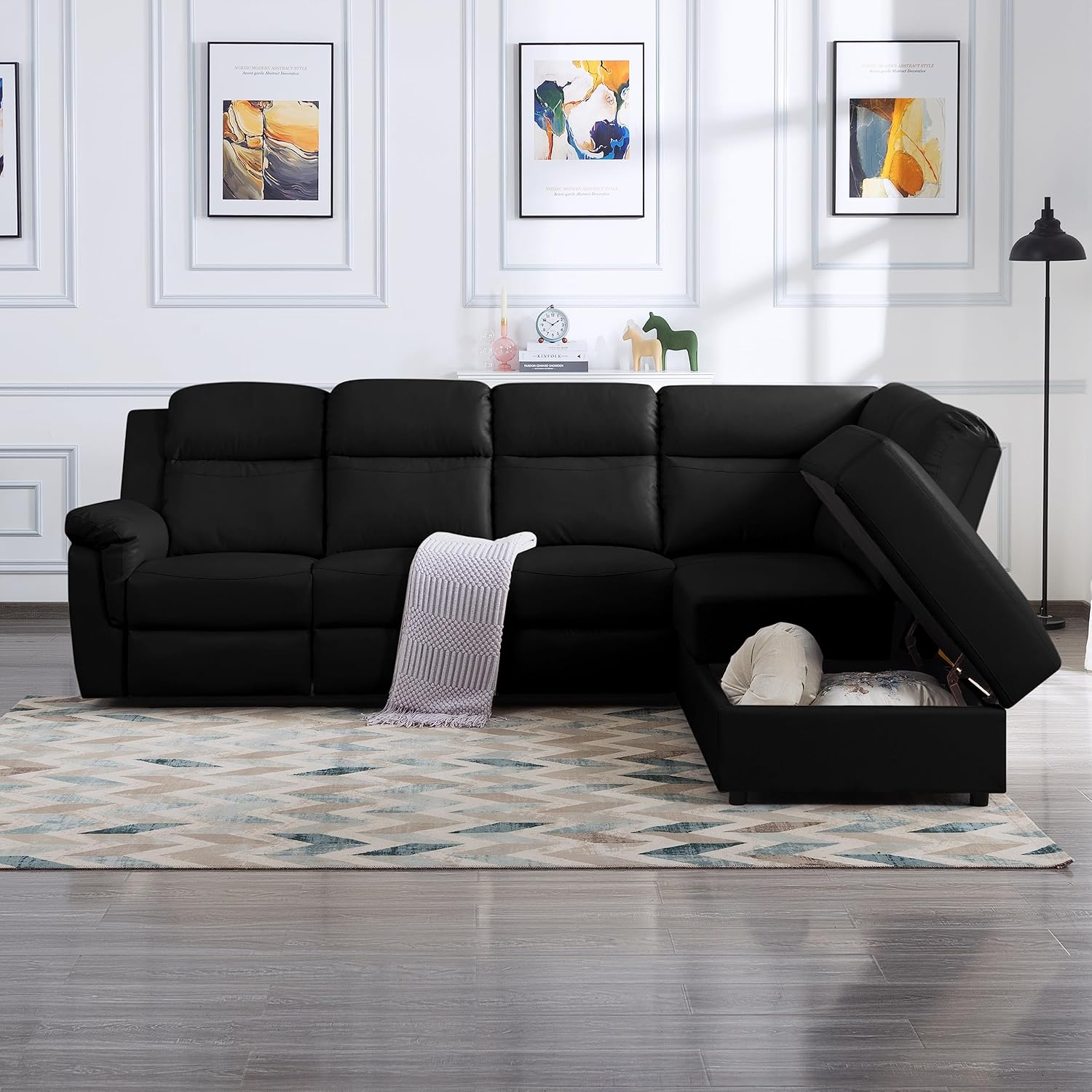FANYE Modern Faux Leather Manual Reclining Sectional 2 Cup
