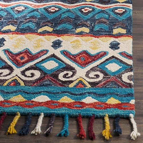 Miniatura 2 de SAFAVIEH Aspen Collection - Alfombra decorativa de 2 x 3 pies, azul y rojo, hecha a mano, lana trenzada con borlas, ideal para zonas de alto tráfico