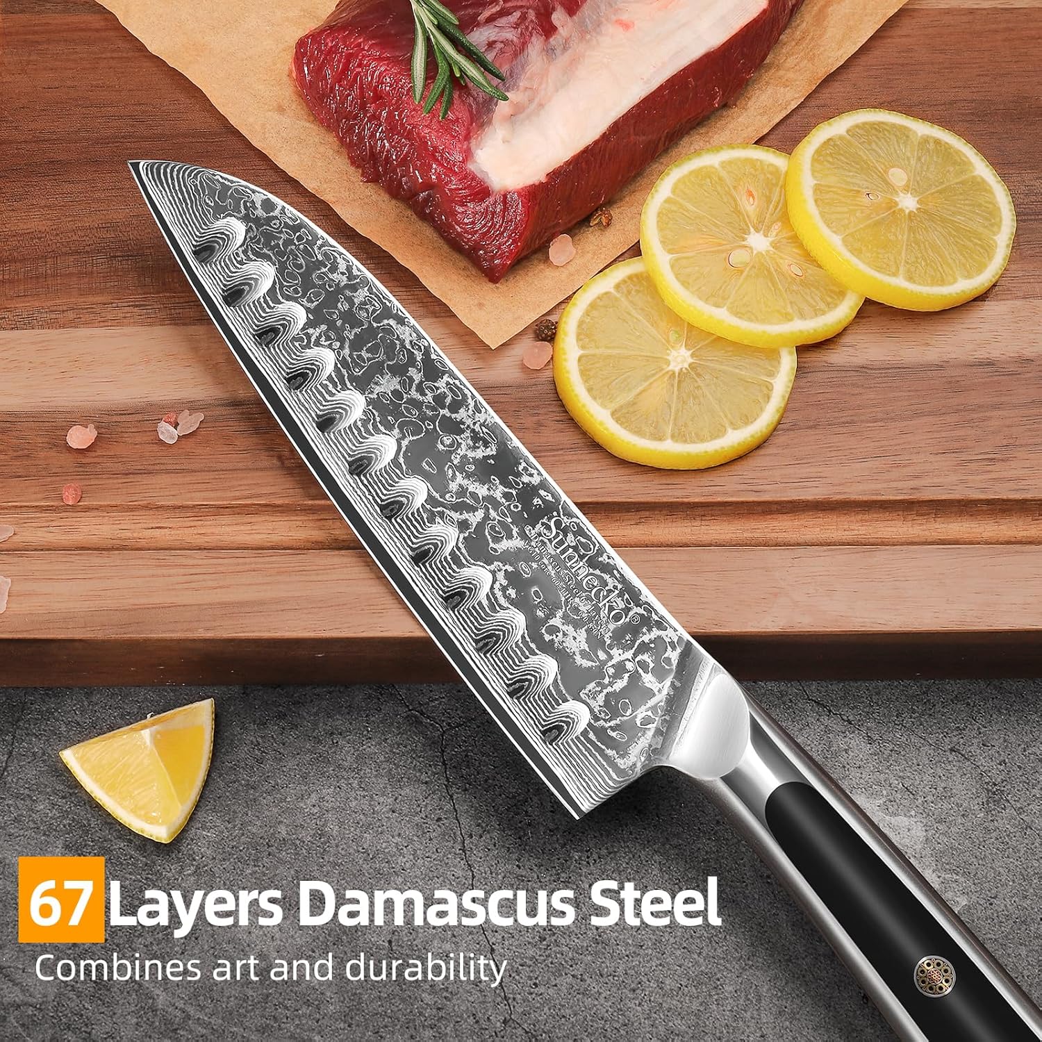 Sunnecko Japanese Damascus Santoku Knife 7” – 15° Precision Edge VG10 Core Kitchen Knife 67 Layer Damascus Steel – Full Tang Professional Chef Knife for Meat, Vegetables & Fruit, Premium Gift Box