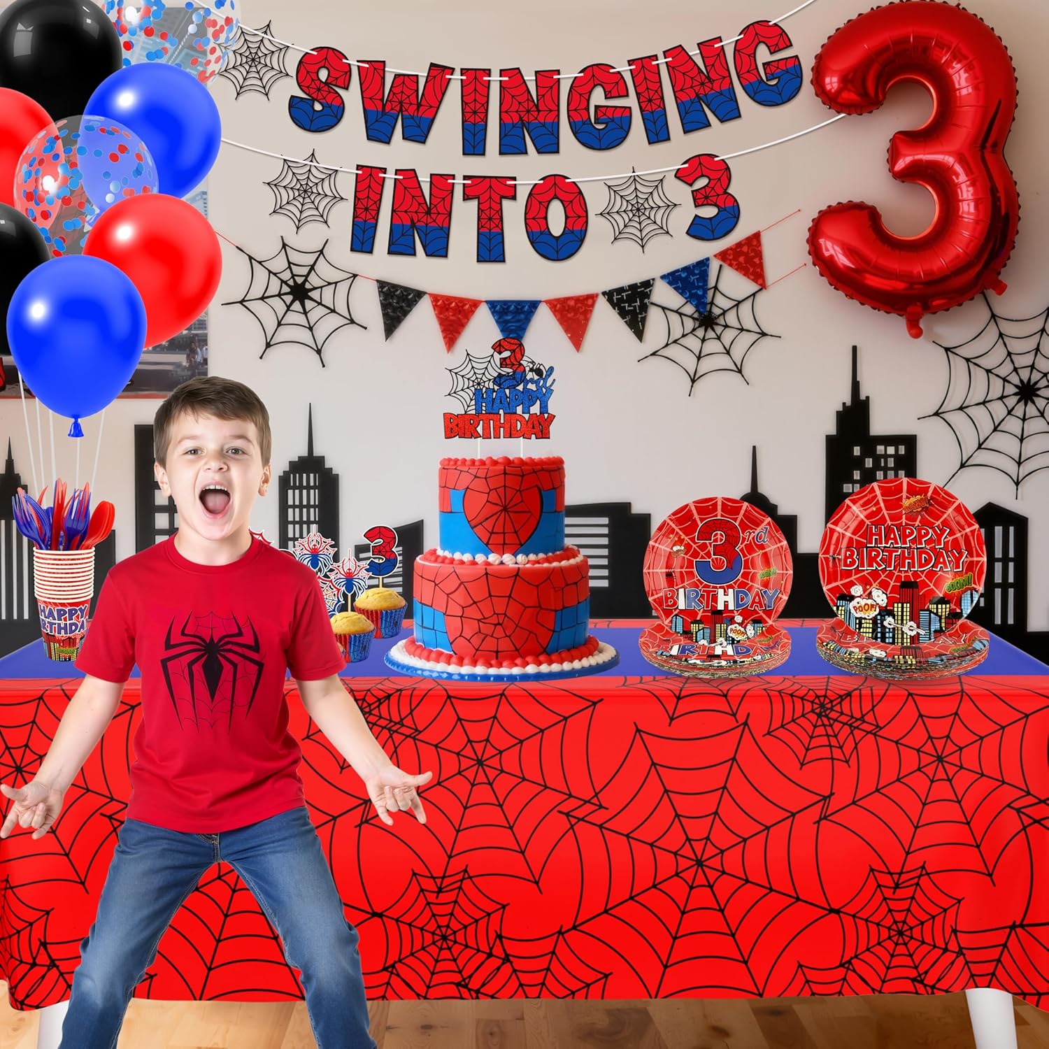 FRIENDISU Spider 3rd Birthday Decorations for Boys, 204 Pcs Super Hero Party Supplies Serves 24, Swinging Into 3 Birthday Banner, Red and Blue Web Hero Plates Napkins Cups Tablecloth Cake Toppers Set