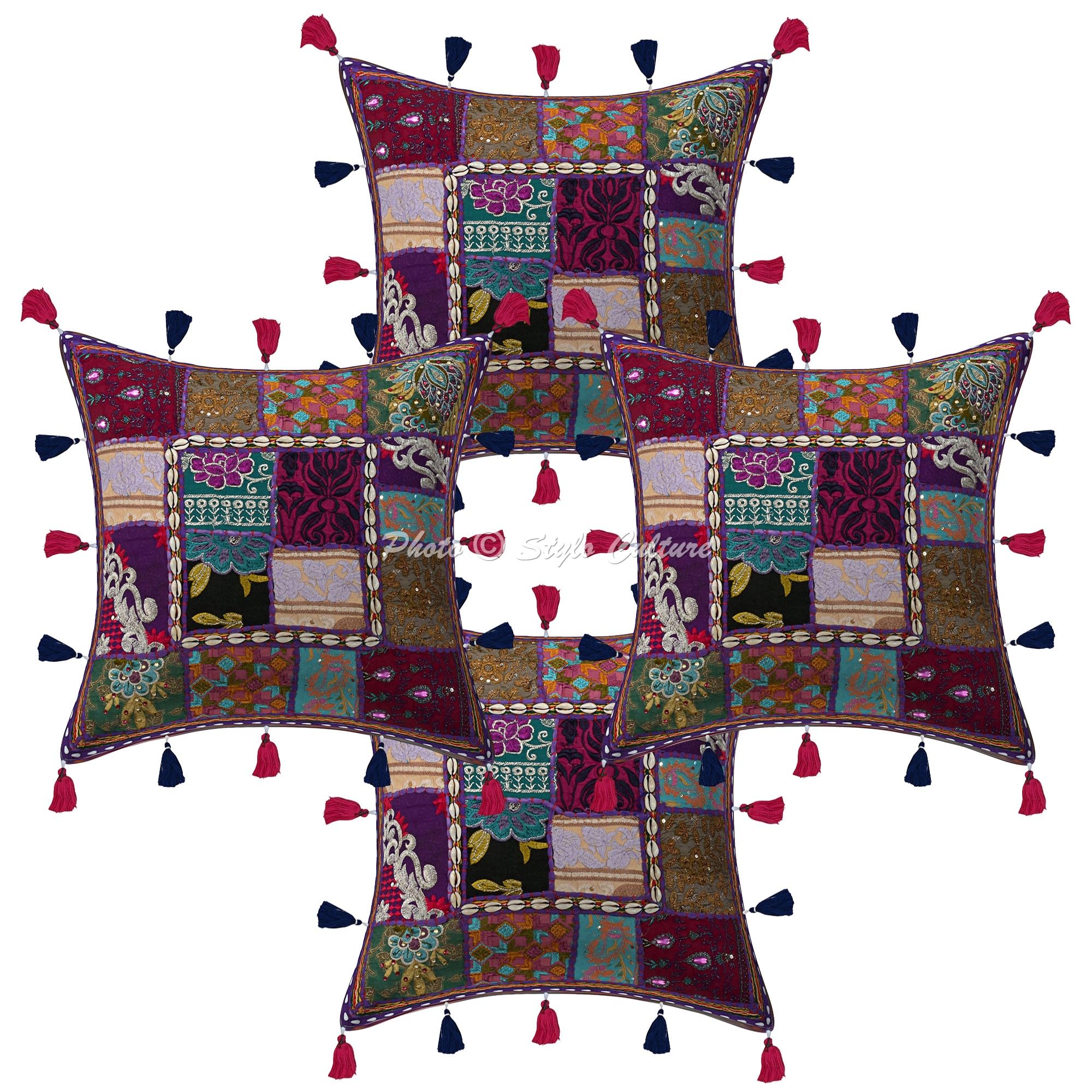 Ethnisch Dekorativ Baumwolle Couch Kissenbezüge 40x40 cm Lila Dekokissen Gesticktes Patchwork Schlafzimmer Sofa Kissen Bezüge Blumen Quadrat Umschlagverschluss Kissenhullen - 4 STK.