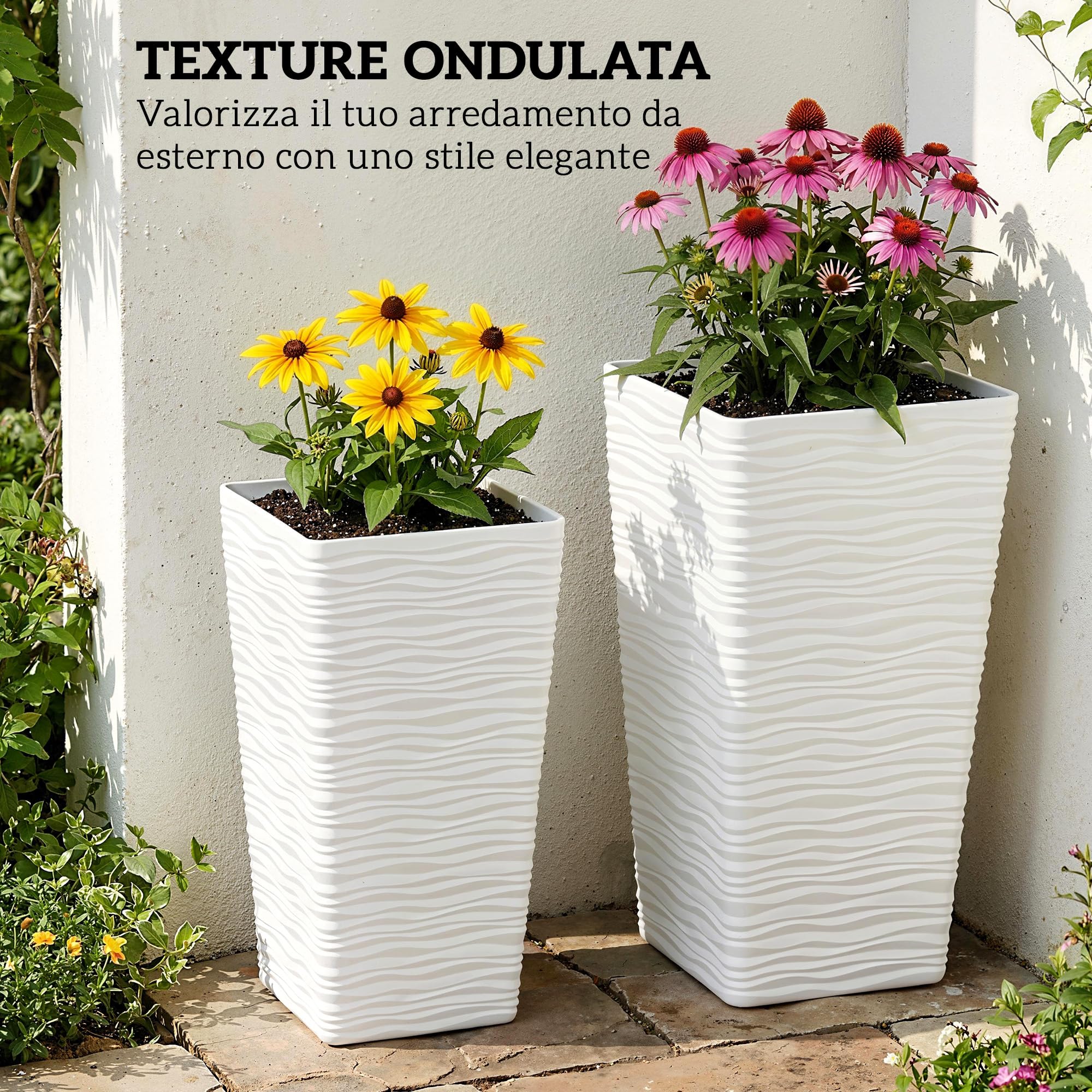 Outsunny Set di 3 Vasi da Esterno Impilabili con Motivo Ondulato, Vasi per Piante da Esterno Quadrati in Plastica per Fiori con Fori di Drenaggio, 42/55/65 cm, Bianco