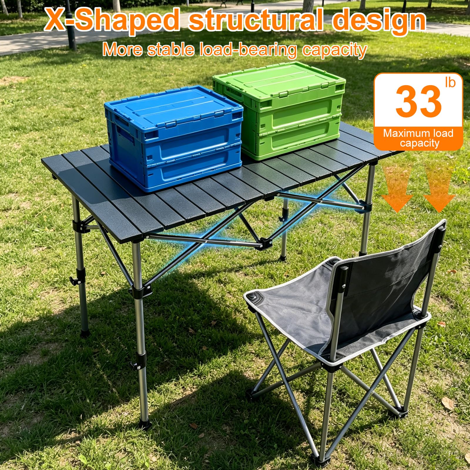 Table de Camping Pliante avec Dessus Enroulable, Réglable en Hauteur 95x55X (50-80) cm, Table Pliante de Pique-Nique avec Sac de Transport pour Camping Pique-Nique Barbecue Jardin