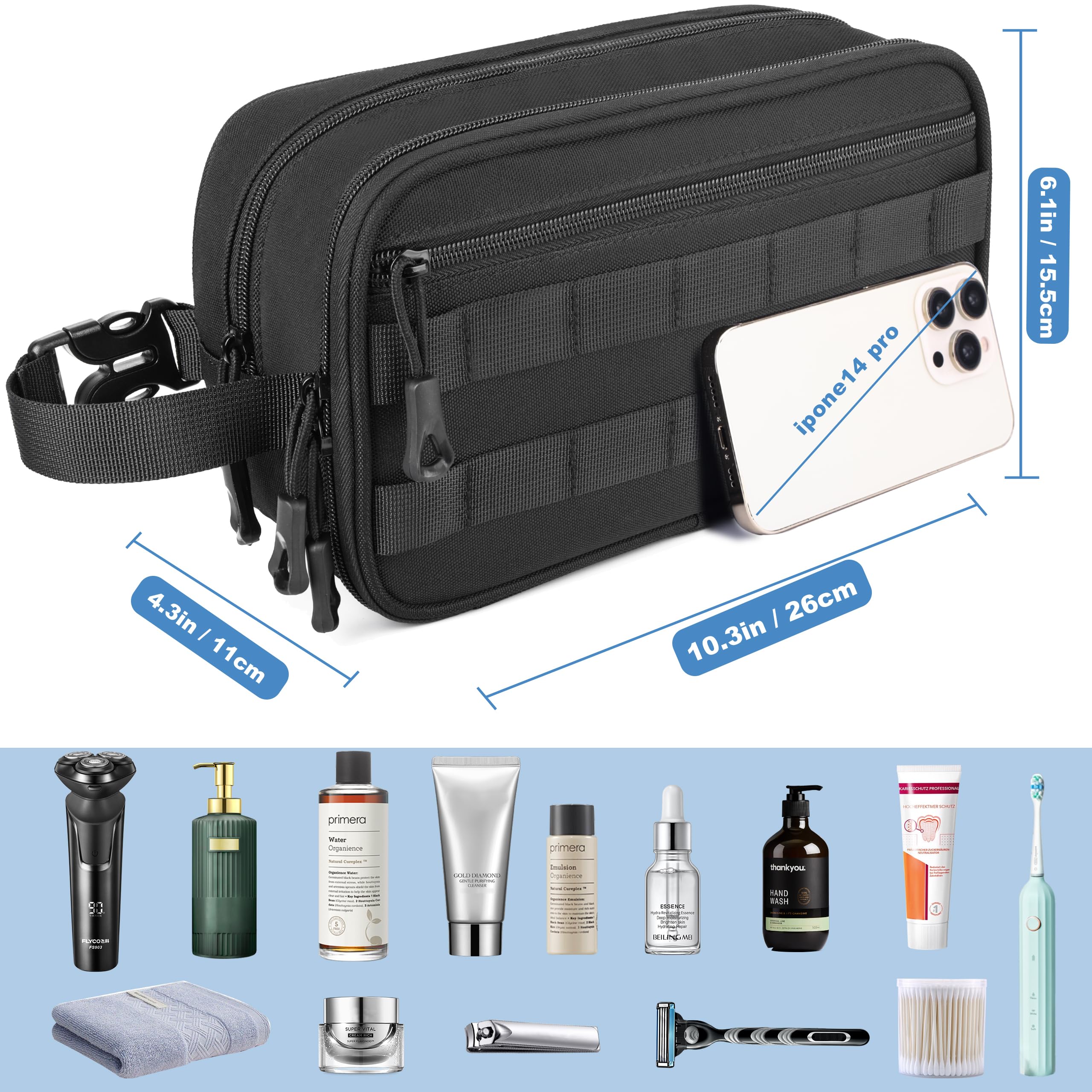 HILOMON Neceser de viaje para hombre, con cremalleras YKK, bolsa de aseo táctica con compartimentos, bolsa de baño impermeable, bolsa de higiene, bolsa de cosméticos para hombres, Negro -,