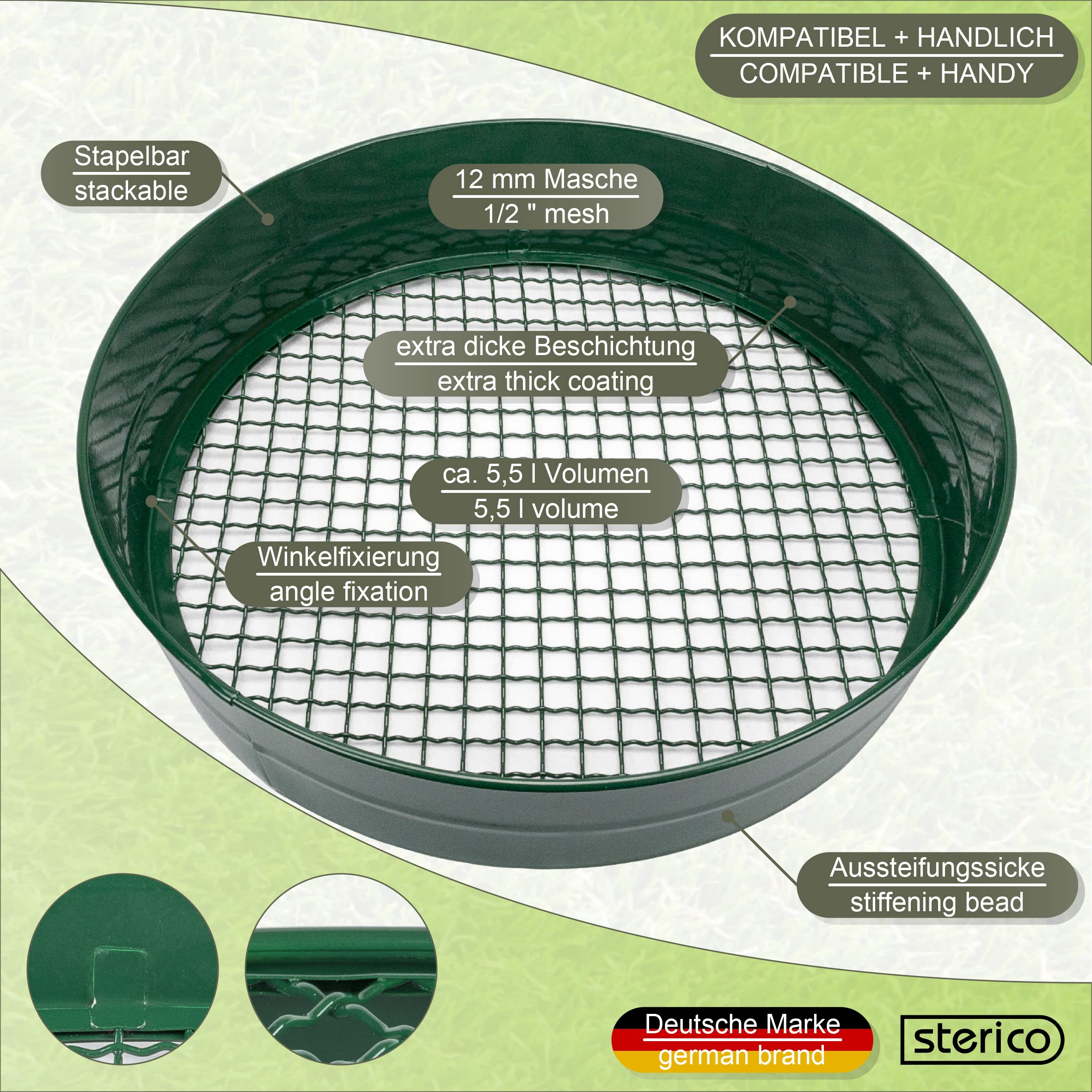 Sterico Tamis de jardin en différentes tailles de maillage | Tamis rond 33cmØ | Tamis de sol, passoire pour semence, terre, compost, pierres, mauvaises herbes | Empilable | robuste (12mm)