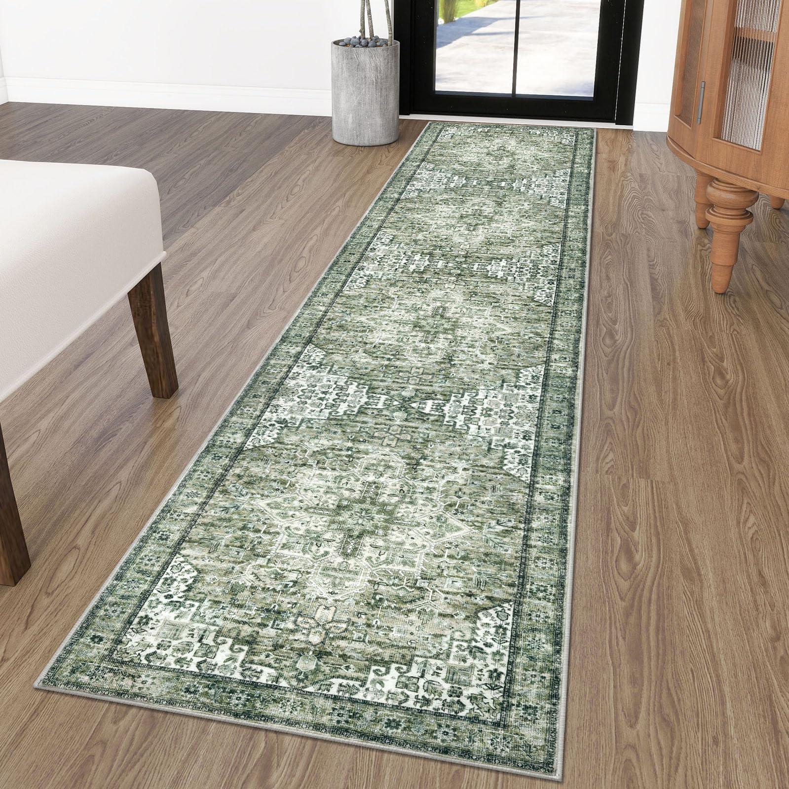 SIILOOM 2x10 Runner for Hallways, Green Non-Slip Washable Kitchen Runner, Vintage Boho Runners Printed Rug with Non-Shedding, Soft Medallion Floor