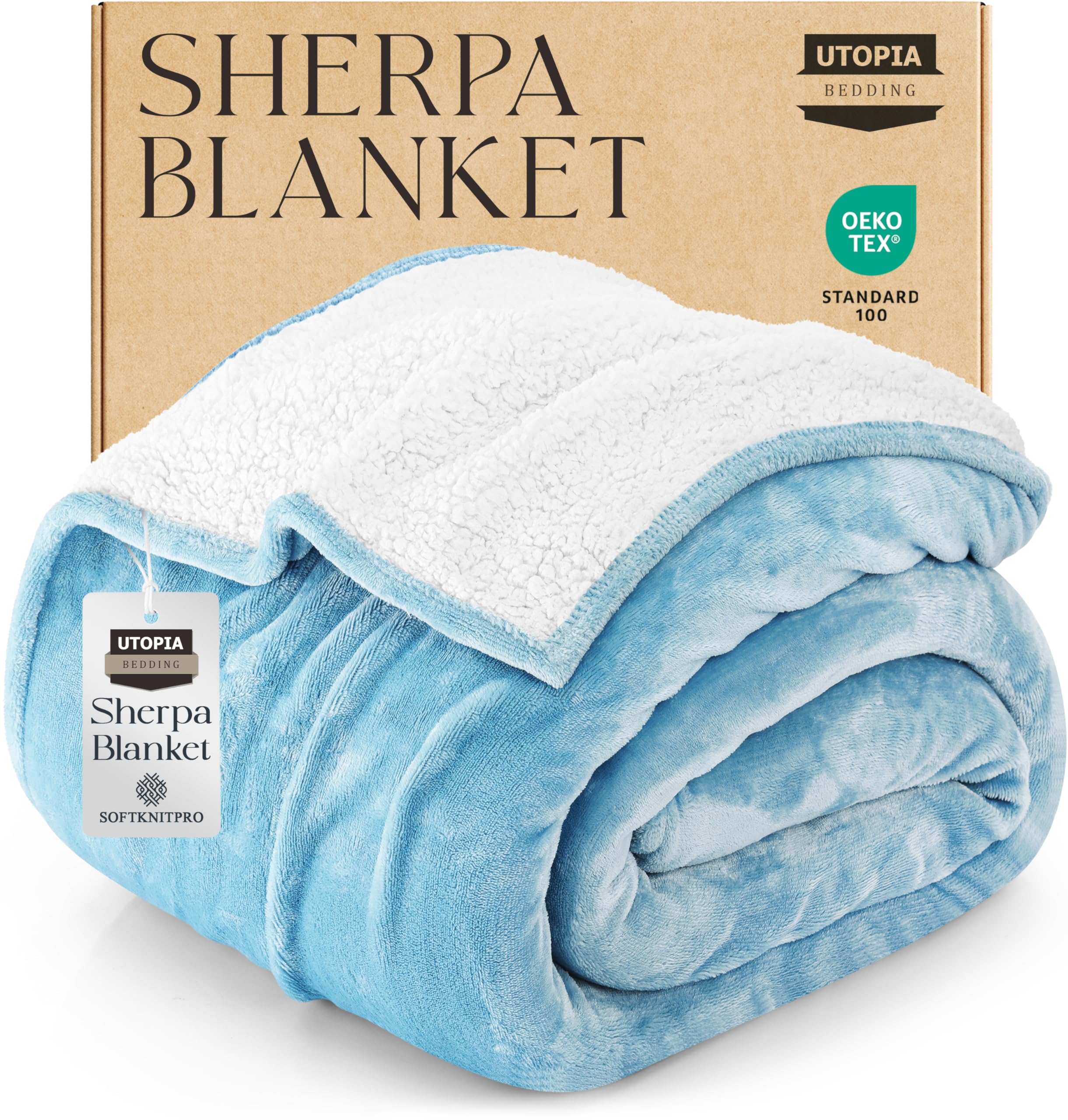 utopia bedding sherpa blanket king size (washed blue, 90x102 inches) - soft lightweight plush fleece reversible blanket for bed, sofa, couch, camping and travel