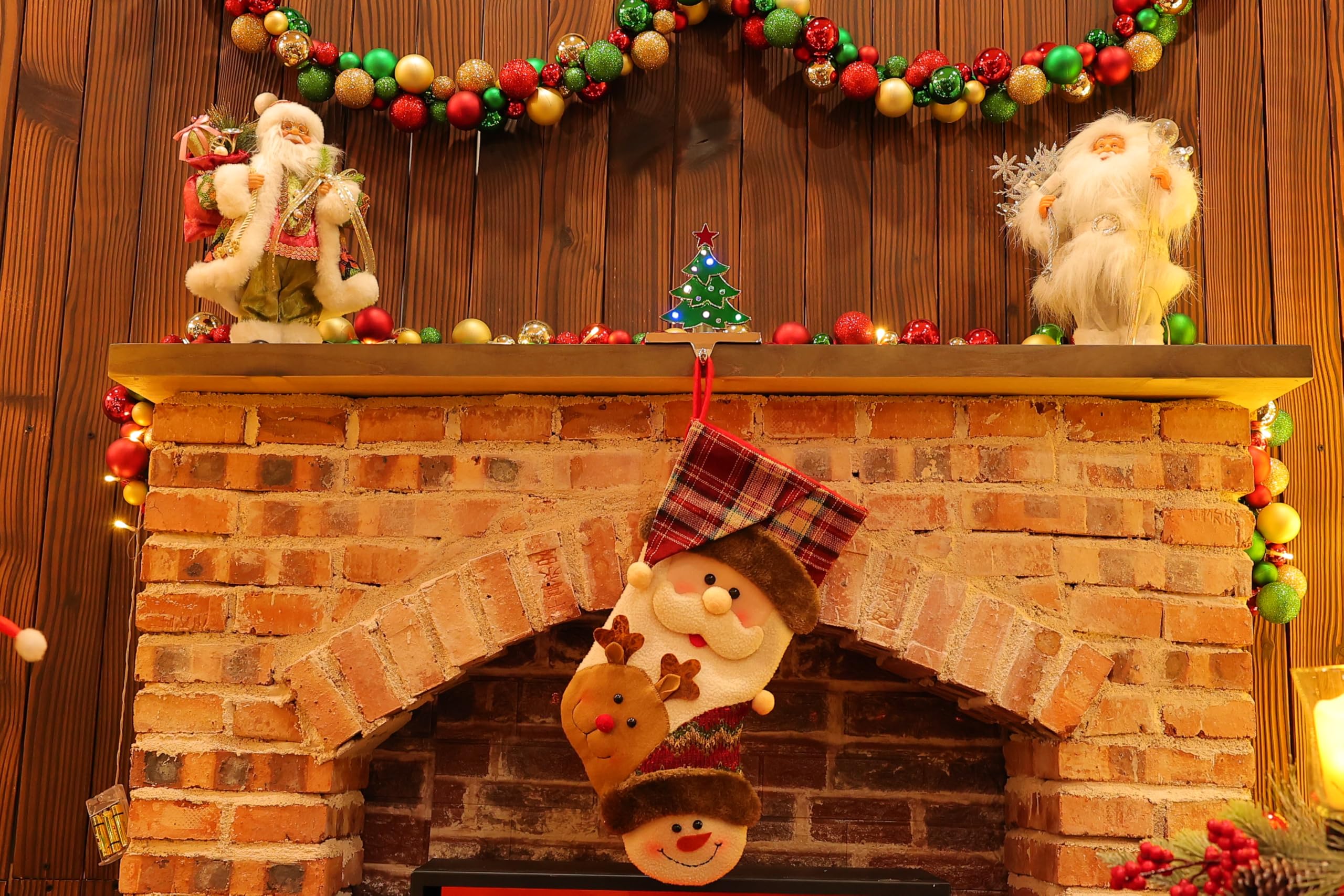 Amooca Christmas Stocking Holders Non-Slip Metal Hooks LED Lights Tree Decor Fireplace Mantle Stocking Hanger for Party Decorations (Green Silver)