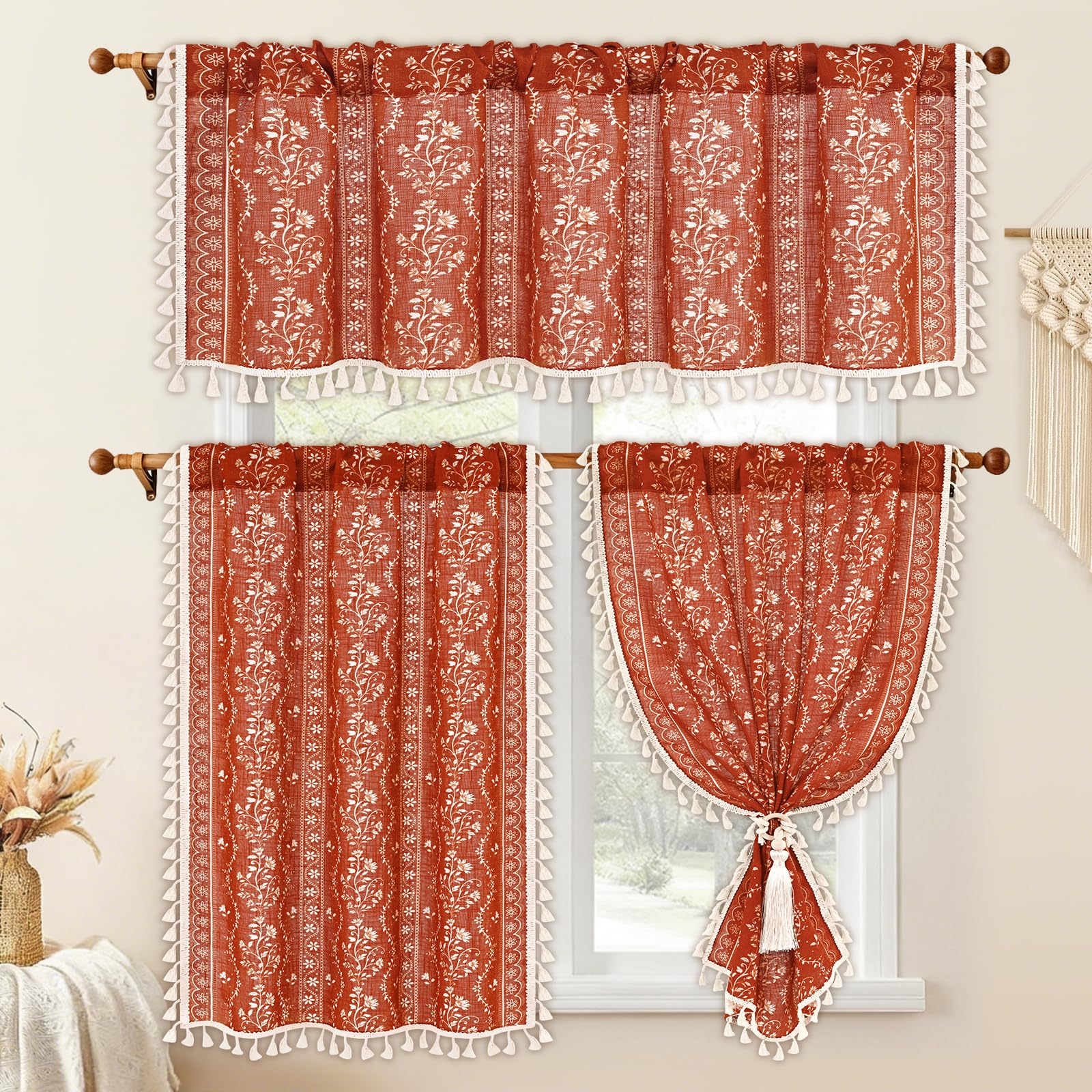 Yinhua Boho Kitchen Curtains and Valances Set Vintage Linen Terracotta Cafe Curtains Light Filtering Rod Pocket Valance Burnt Orange Farmhouse Rustic Tassel Tier and Valance, 52"W X 18"L+26"W x 36"L