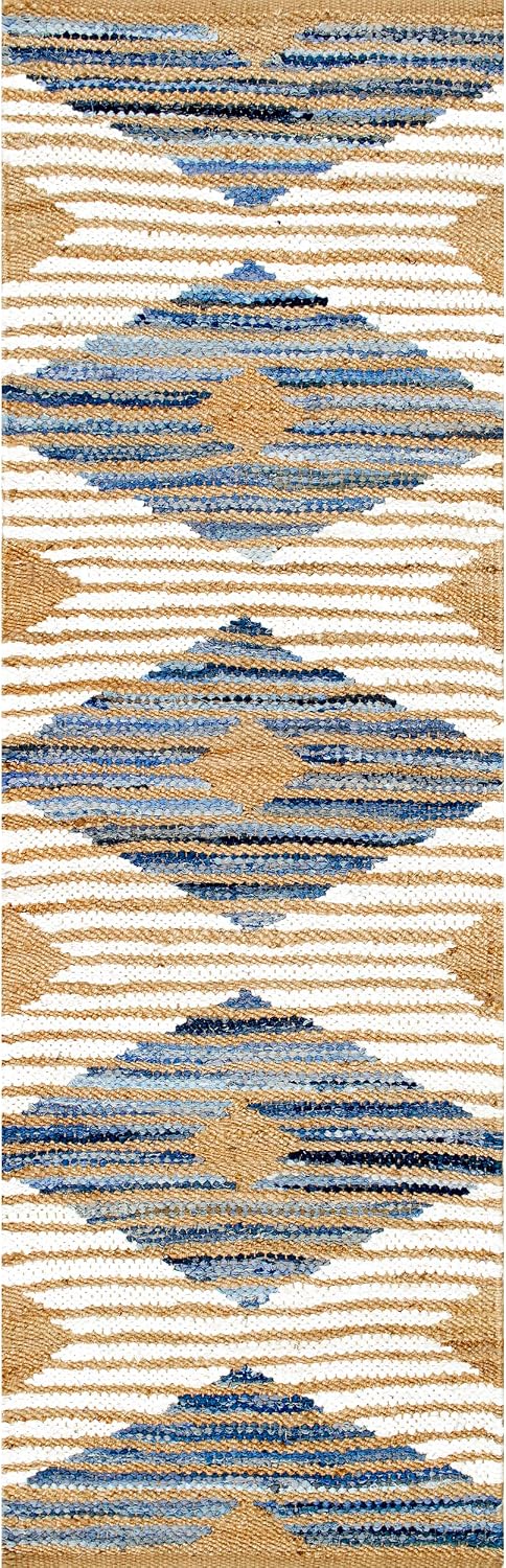 nuLOOM Hand Braided Marla Denim And Jute Diamonds Runner Rug, 2' 6" x 8', Off-white, Runner