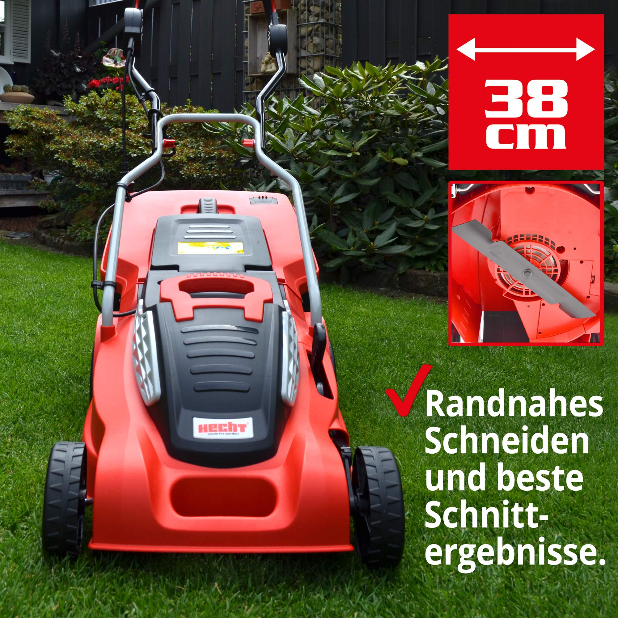 HECHT Premium Elektro Rasenmäher 1600 W 38 cm 45 L Fangkorb | Turbo-Motor, zentrale 5-fach Schnitthöheneinstellung, Elektro-Mäher für einen gepflegten Rasen