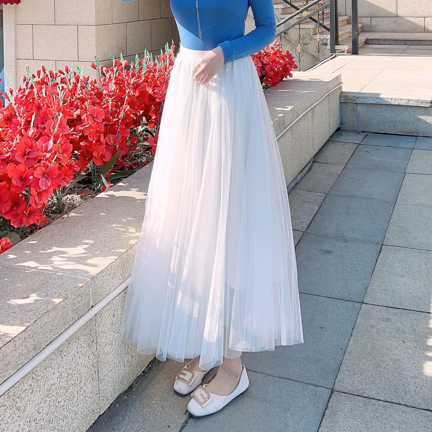 Women’s Tulle Skirts Midi Elastic High Waist Pleated Mesh Flowy A-Line Party Long Tutu Skirts…