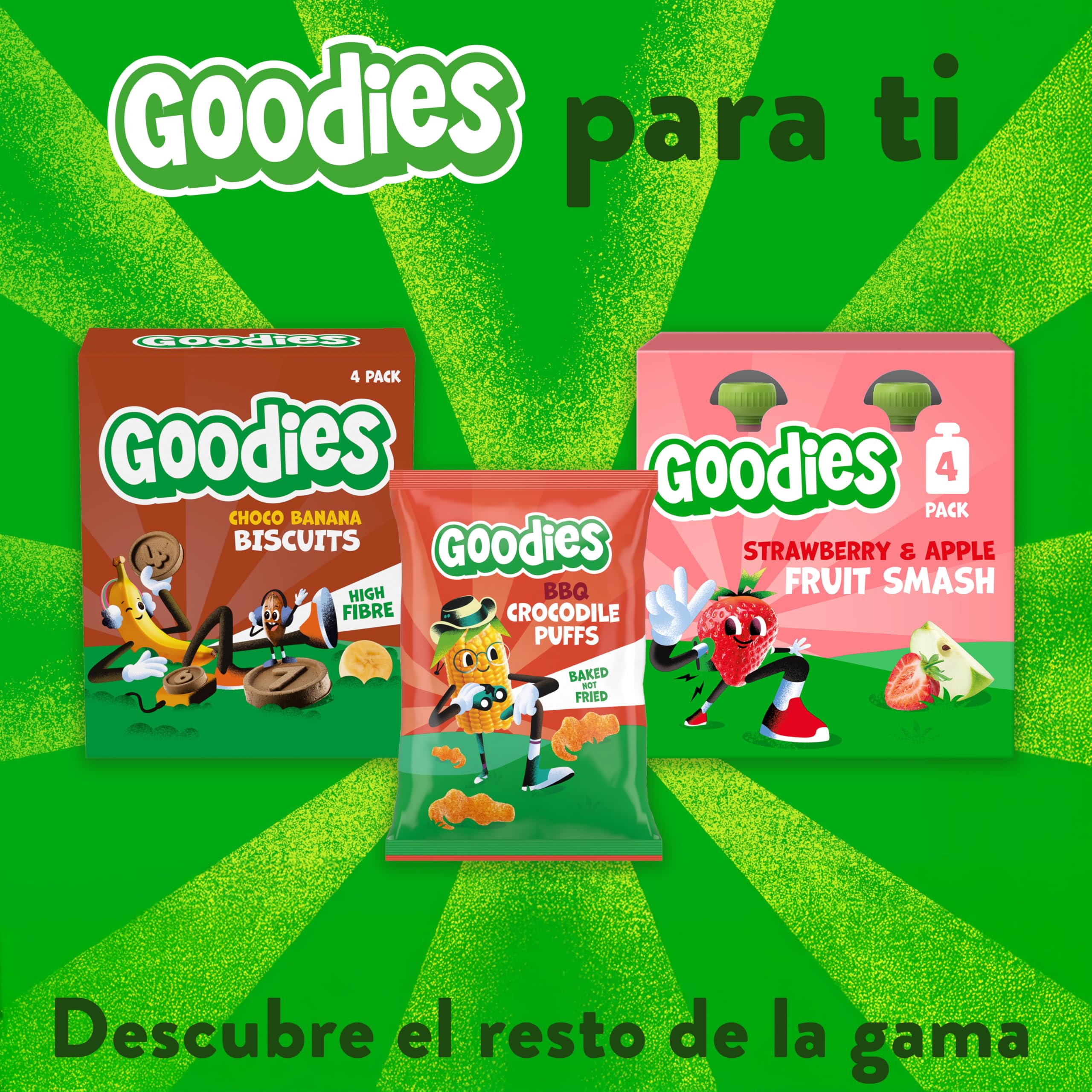 Goodies, Galletas para Niños Sabor Chocolate y Plátano, Biscuits Choco Banana Ricas en Fibra y Sin Aceite de Palma, 3 cajas 4x20g