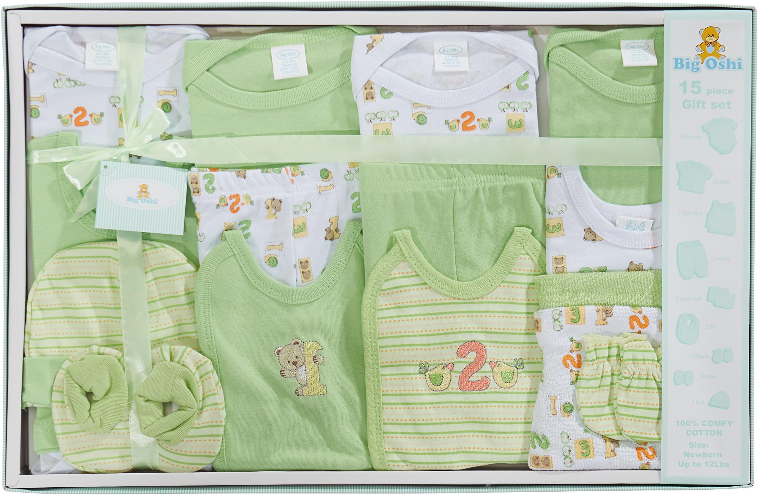 Big Oshi 15 Piece Layette Newborn Baby Gift Set for Boys - Great Baby Shower or Registry Gift Box to Welcome a New Arrival - All Essentials Including: Bodysuits, Shirts, Pants, Bibs, and More, Green