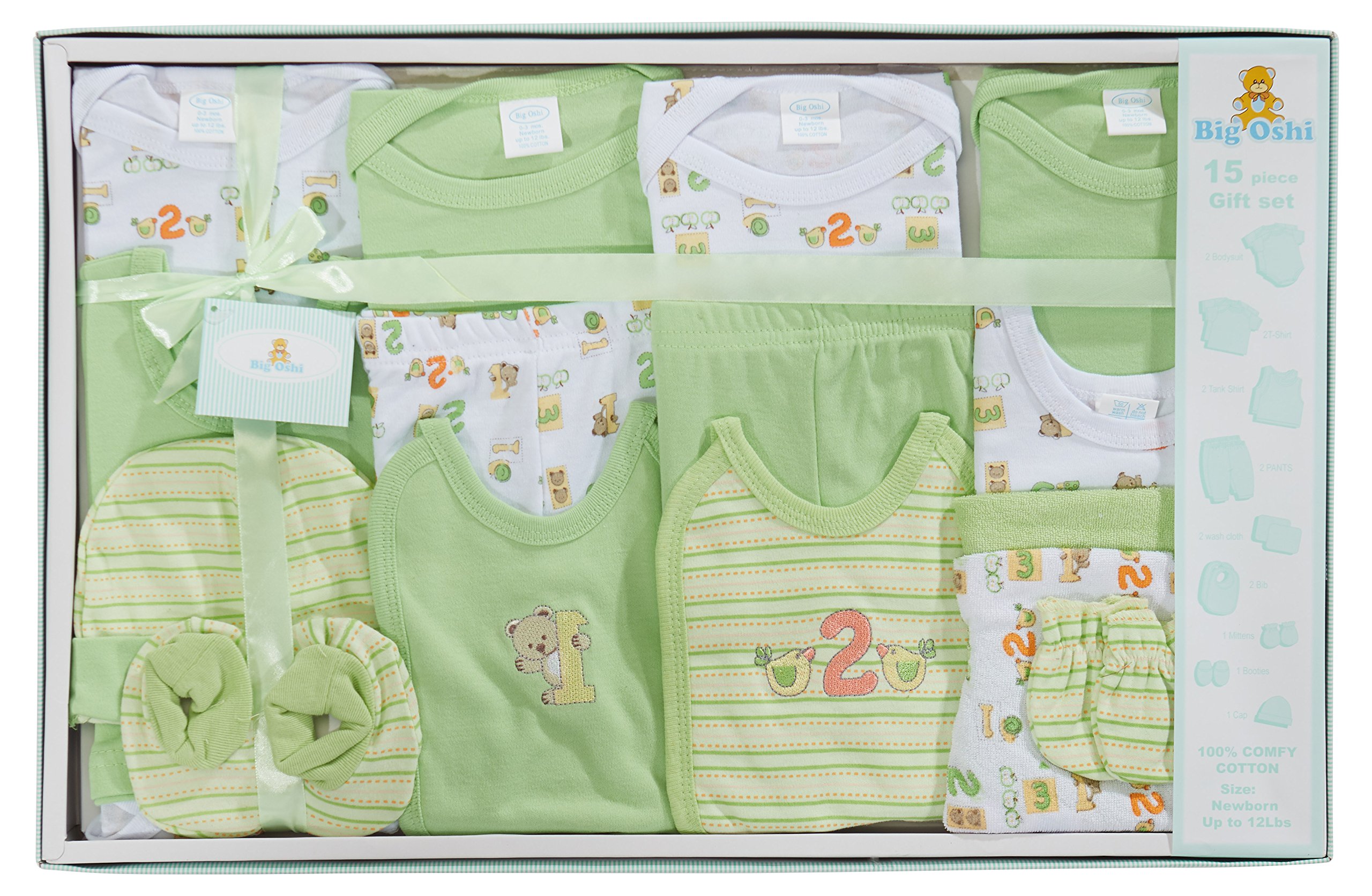 Big Oshi 15 Piece Layette Newborn Baby Gift Set for Boys - Great Baby Shower or Registry Gift Box to Welcome a New Arrival - All Essentials Including: Bodysuits, Shirts, Pants, Bibs, and More, Green