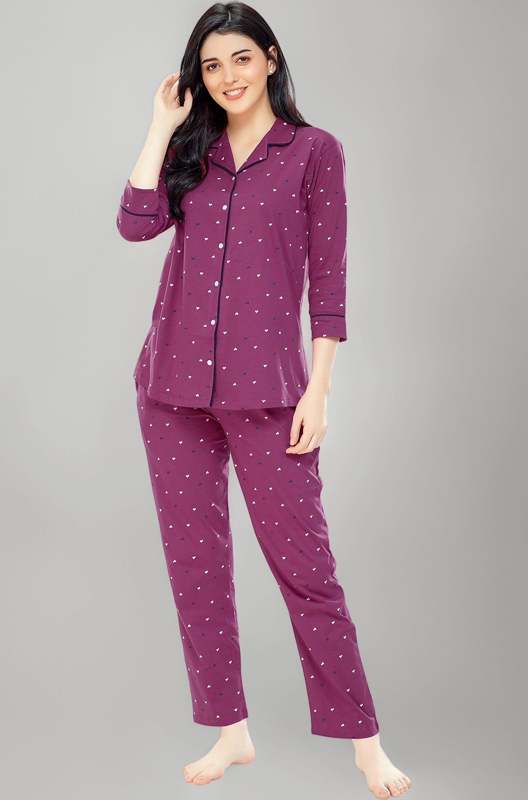 Women's Cotton Heart Printed Night Suit Set of Shirt & Pajama Set 5152 (Available in Plus Size)