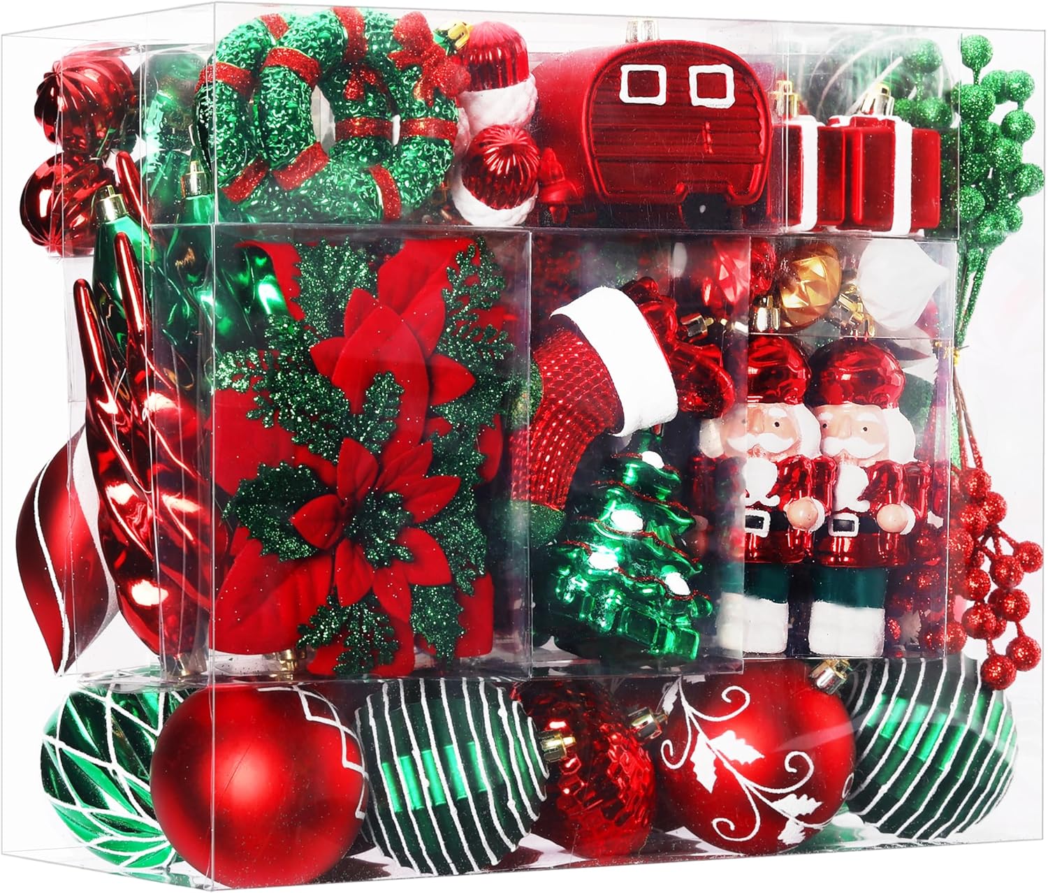 SHareconn 135pcs Christmas Balls Ornaments Set, Shatterproof Plastic Baubles, Ribbon and Tree Topper for Xmas Tree Holiday Wedding Party Decorations with Hanging Strings, Red, Green and White