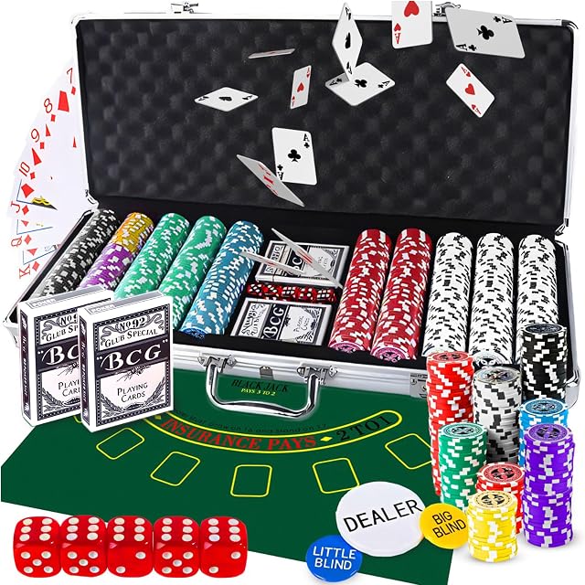 Retoo Juego de Póquer 500 Fichas Cartas y Alfombrilla con Maletín para Texas Holdem Blackjack