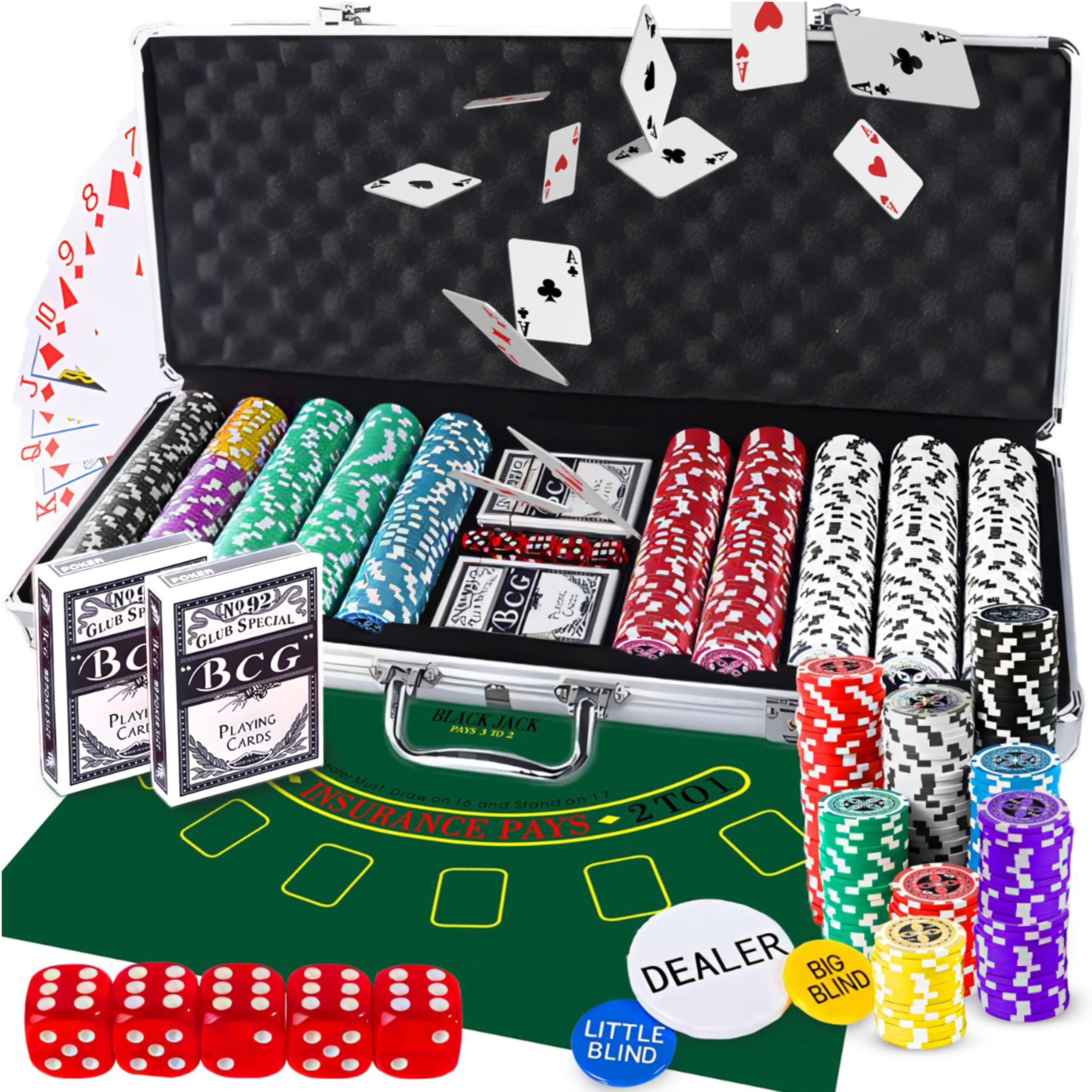 Retoo Juego de Póquer 500 Fichas Cartas y Alfombrilla con Maletín para Texas Holdem Blackjack, 2 Barajas 5 Dados, 3 Botones, 1 Tapete Maletín de Aluminio con Cerradura para Profesionales y Aficionados