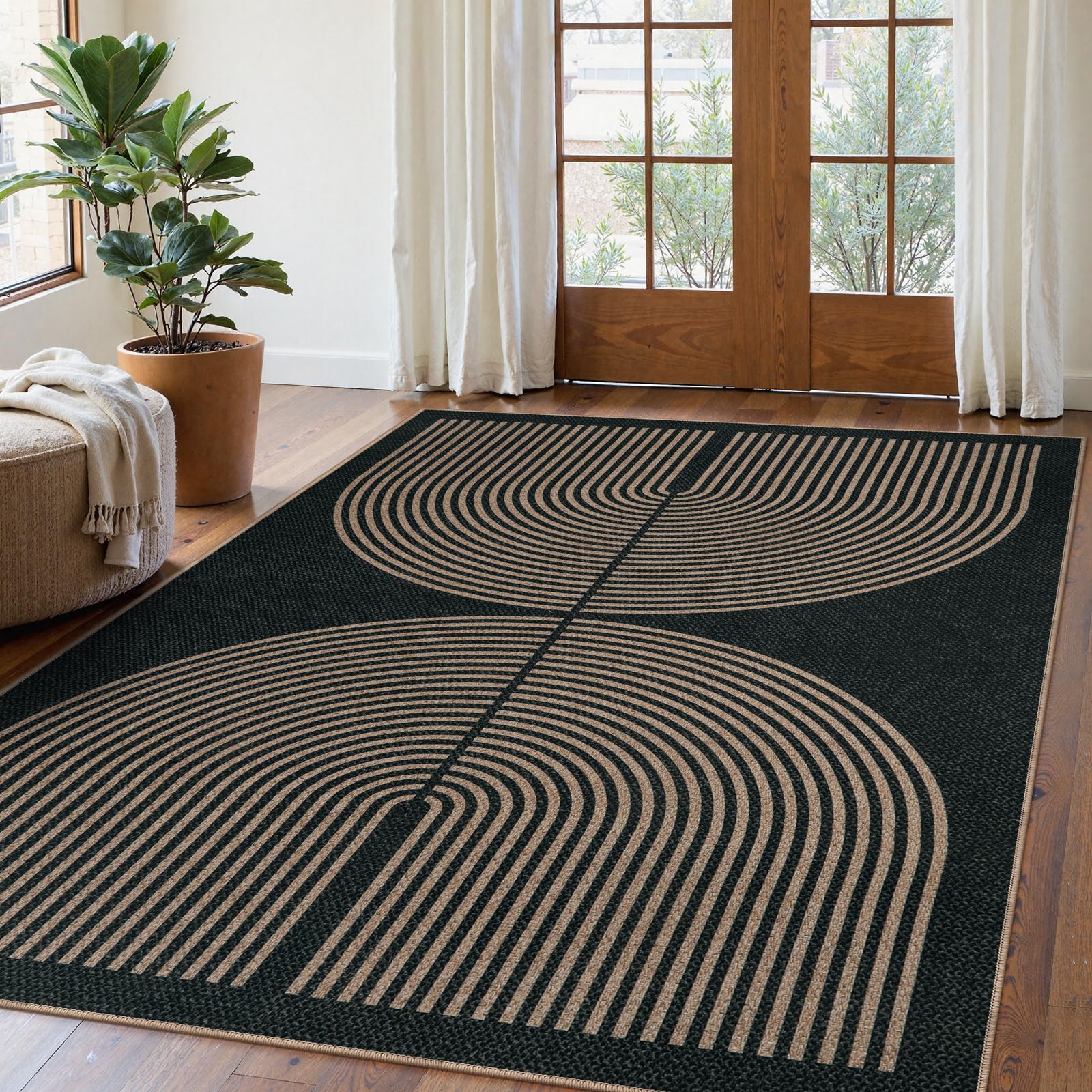 Lahome Modern Rainbow Easy Jute Carpet, Washable 5x7 Area Rugs for Living Room Patio Black Farmhouse Indoor Outdoor Rugs, Contemporary Natural Non Slip Floor Carpet for Office RV Backyard 5'