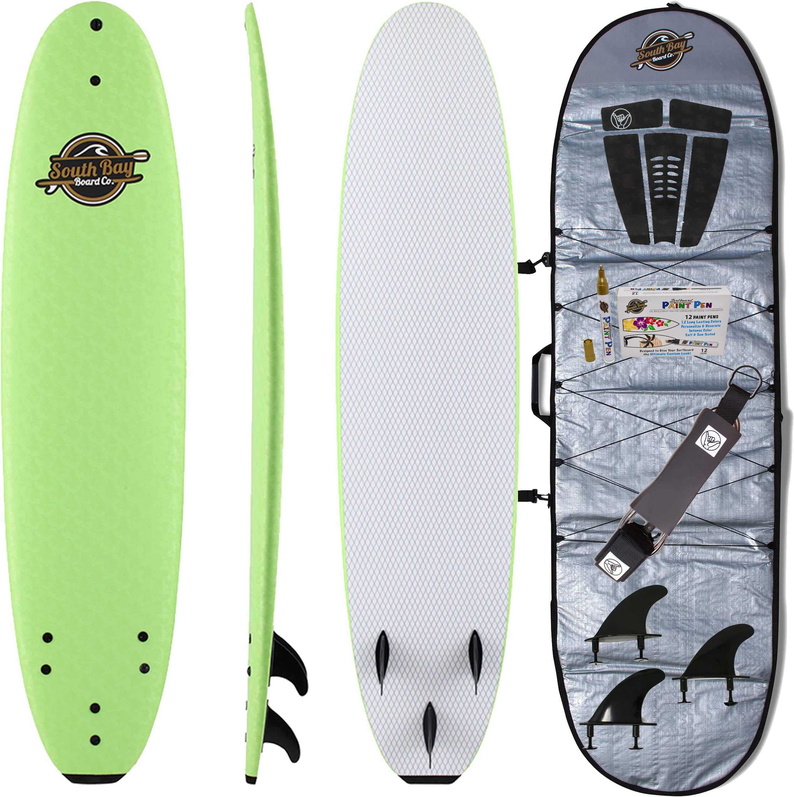 South Bay Board Co. Premium Soft Top Surfboard Fun, Performance-Focused Foam Surfboards || Great Beginner Surf Board for Kids & Adults - 8' Verve - Bag Package - Green