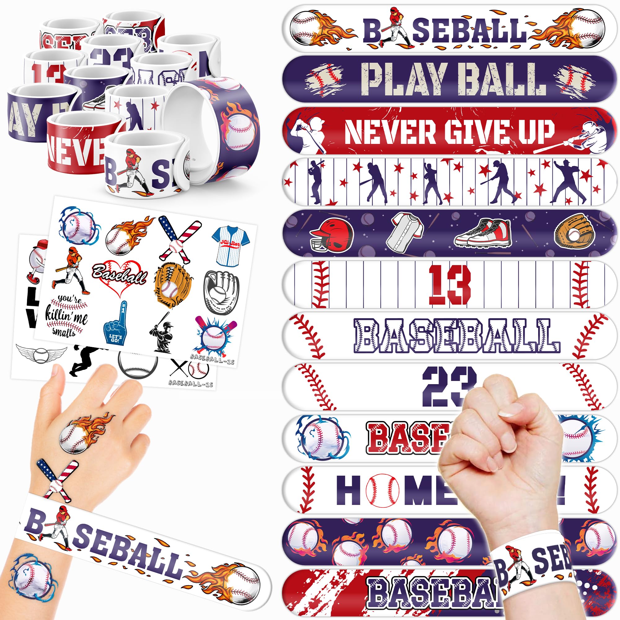 48PCS Baseball Party Favors - 24 Tattoos & 24 Slap Bracelets for Kids, Perfect for Sports-Themed Birthdays, School Prizes, and Classroom Rewards
