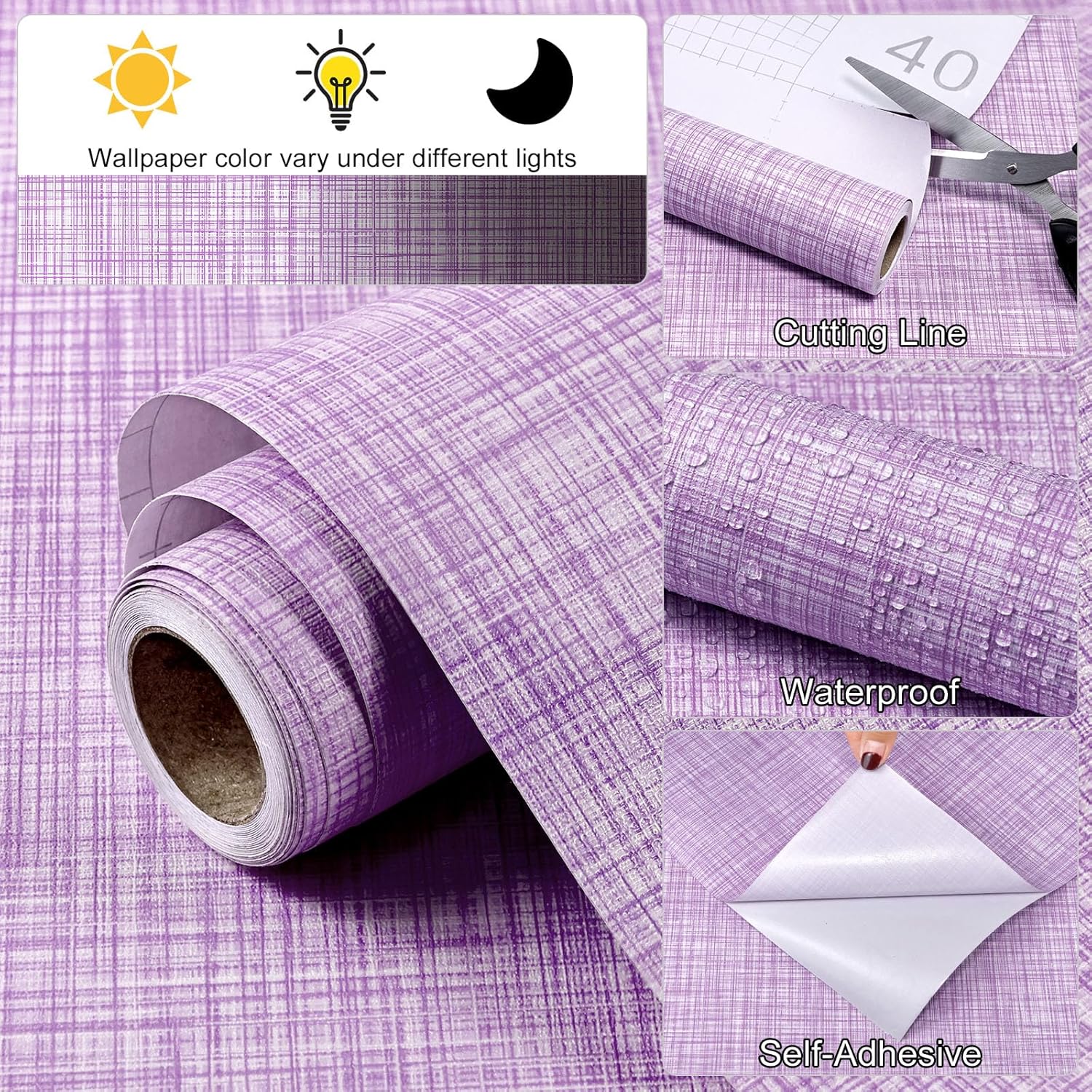 Purple Grasscloth Wallpaper 17.3"x 472" Peel and Stick Wallpaper Self-Adhesive Contact Paper Waterproof Vinyl Removable Wall Paper for Children's Room,Bedroom,Cabinets,Living Room,Shelf Liner