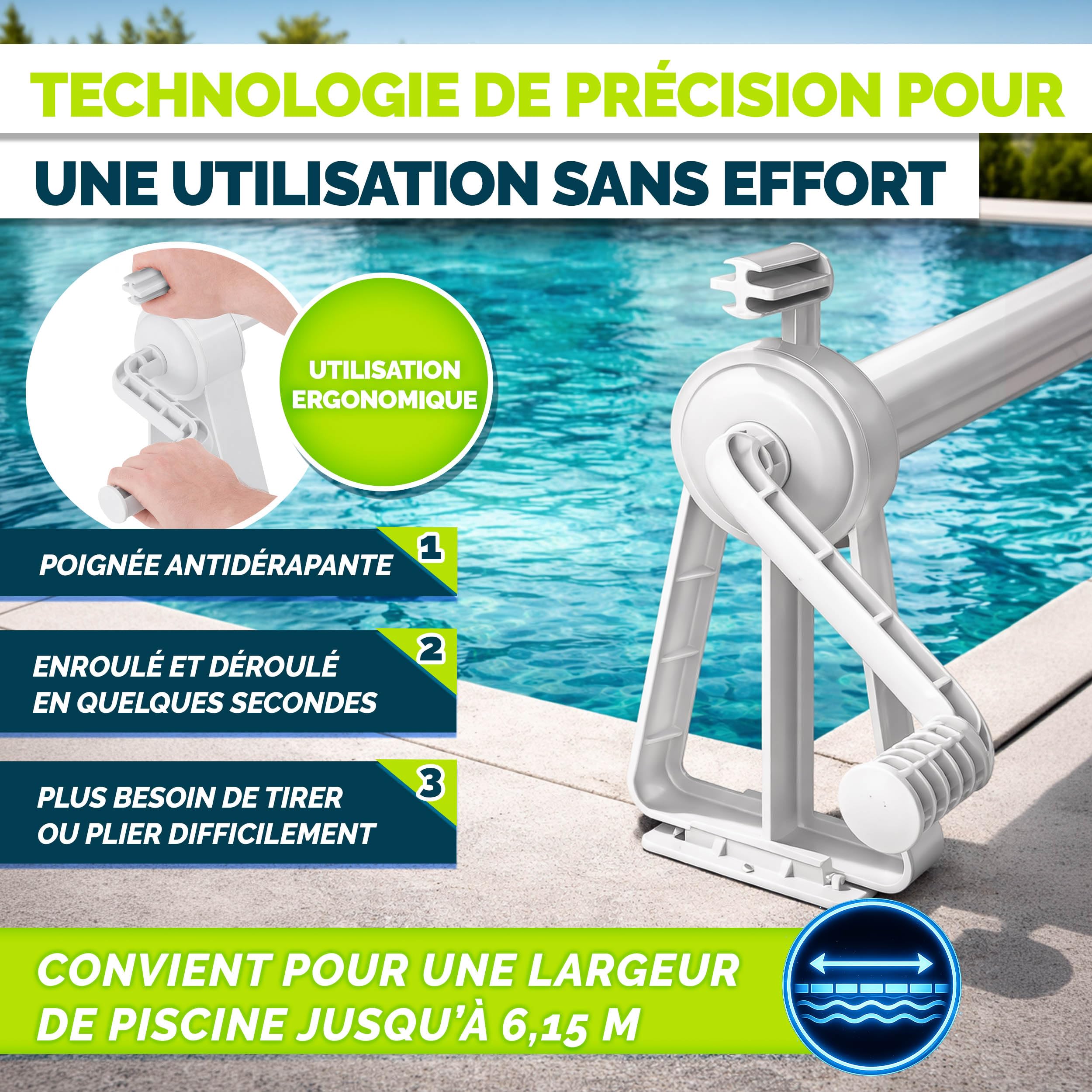 tillvex Dérouleur pour Piscine 1,05-6,15 m avec thermomètre | Système d'enroulage pour bâche Solaire | Dispositif d'enroulement Les bâches de Protection et couvertures de Piscine + Pattes de Fixation