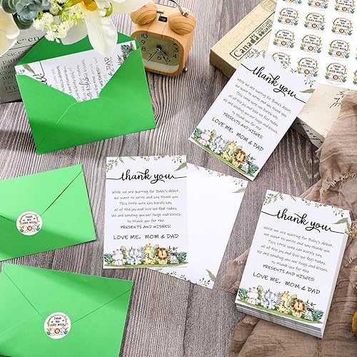Miniatura 3 de Chuangdi 50 juegos de tarjetas de agradecimiento para baby shower de bosque, notas rellenadas con vegetación, tarjetas de agradecimiento con sobres