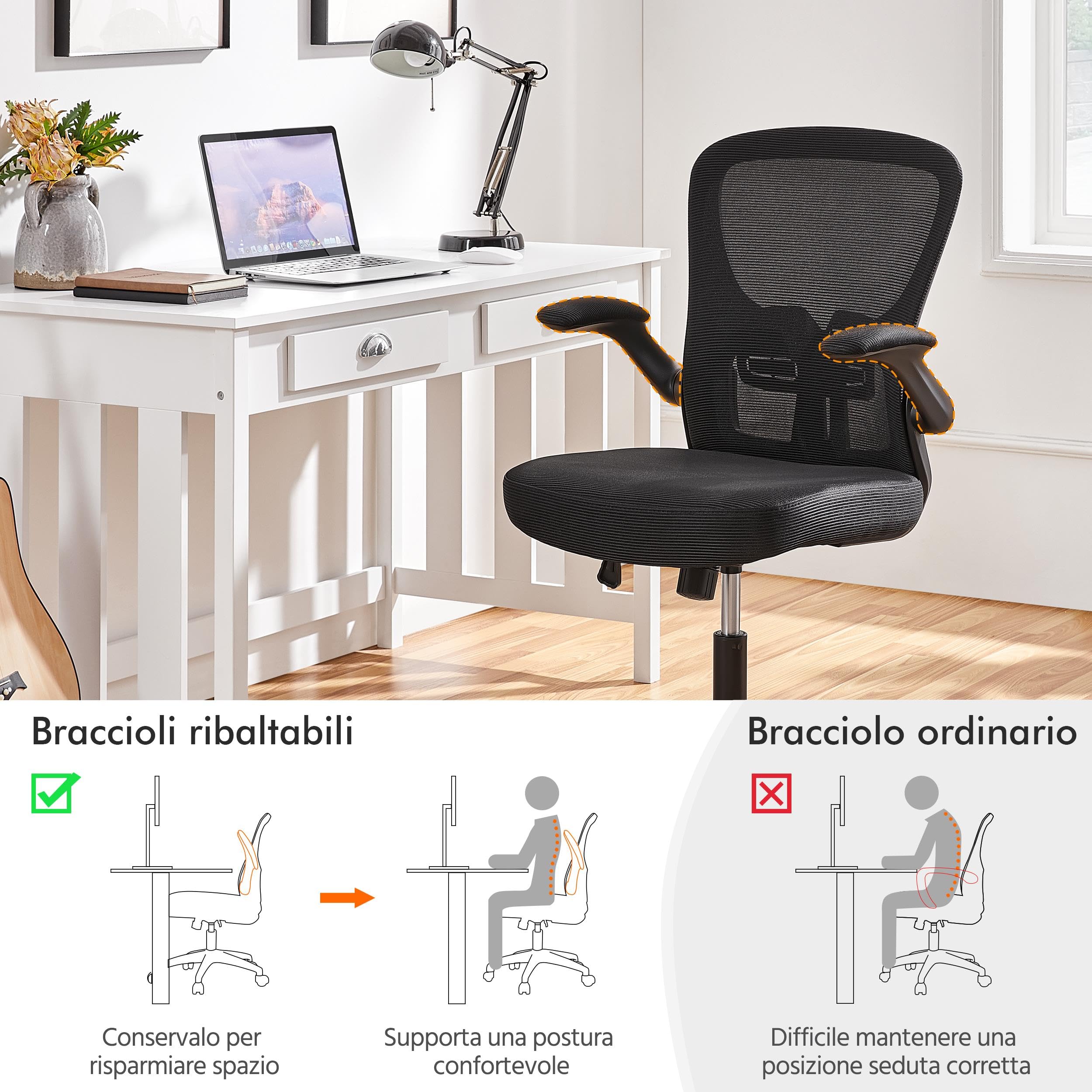 Sedia da Ufficio con Supporto Lombare, Sedia Scrivania Ergonomica con Braccioli Regolabili in Rete Traspirante, Altezza Regolabile e Schienale Inclinabile con Ruote Girevoli Nero