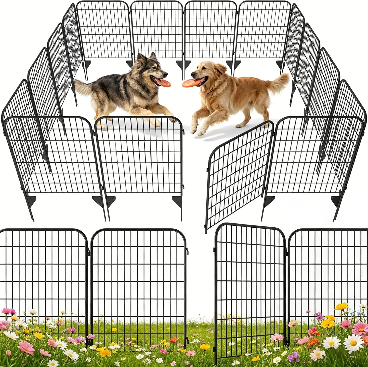 AMAGABELI 4 Panels 44 in(H )X 12 ft(L) Decorative Garden Fence Gate,Dog Fence Outdoor for Yard,Rustproof Tall Garden Fencing Animal Barrier Metal Wire Panel Border with Leaves for Flower Bed Black