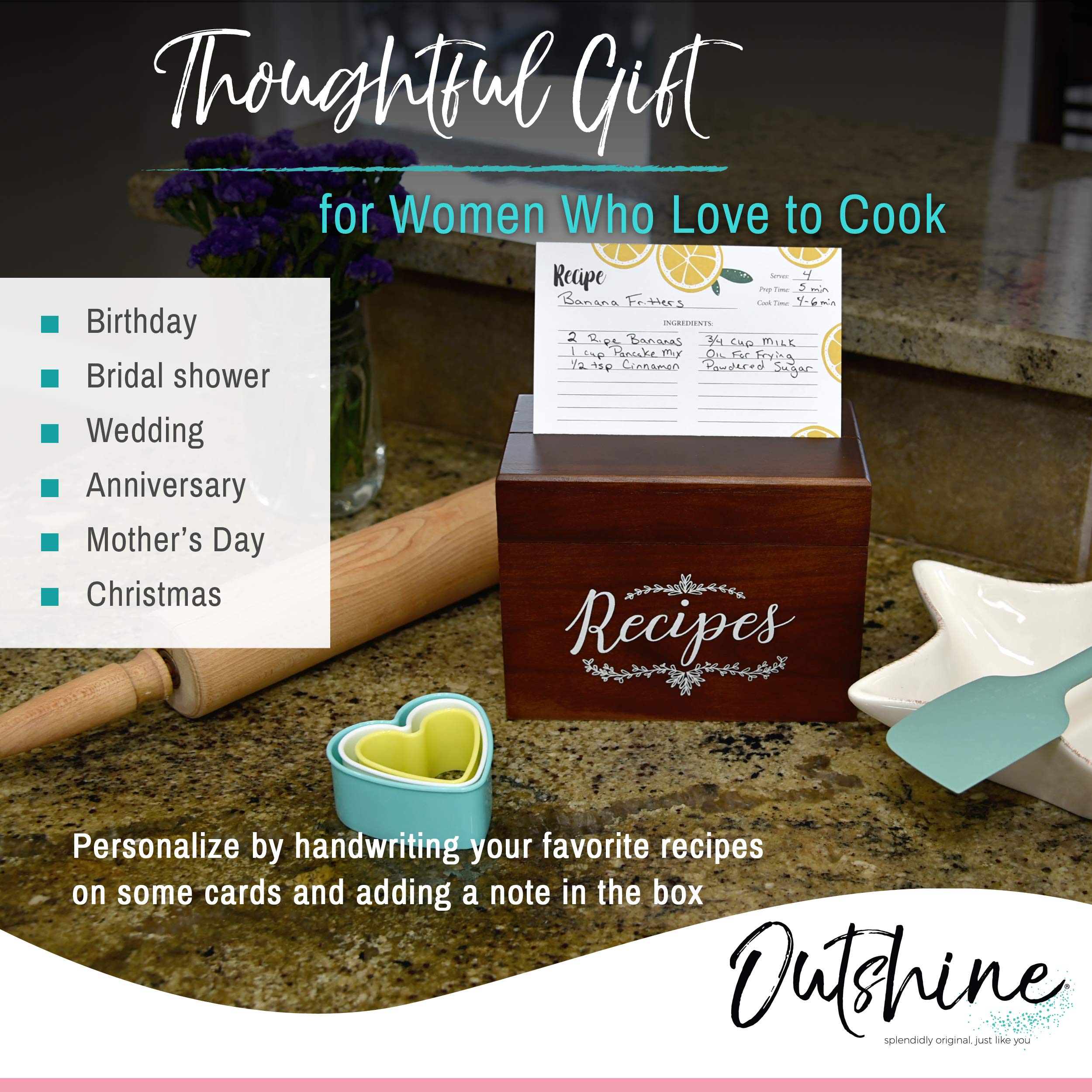 Outshine Brown Wooden Recipe Box with Cards and Dividers Farmhouse